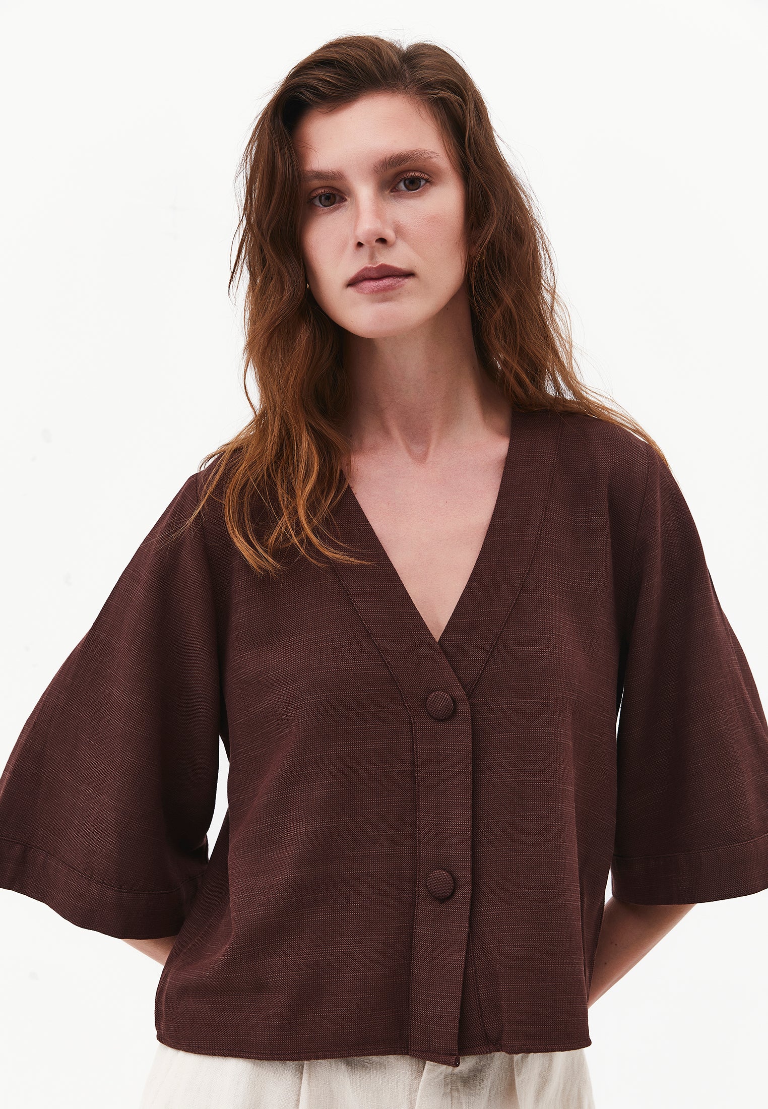 Button Detailed Half Sleeve V Neck Blouse - CHICORY COFFEE