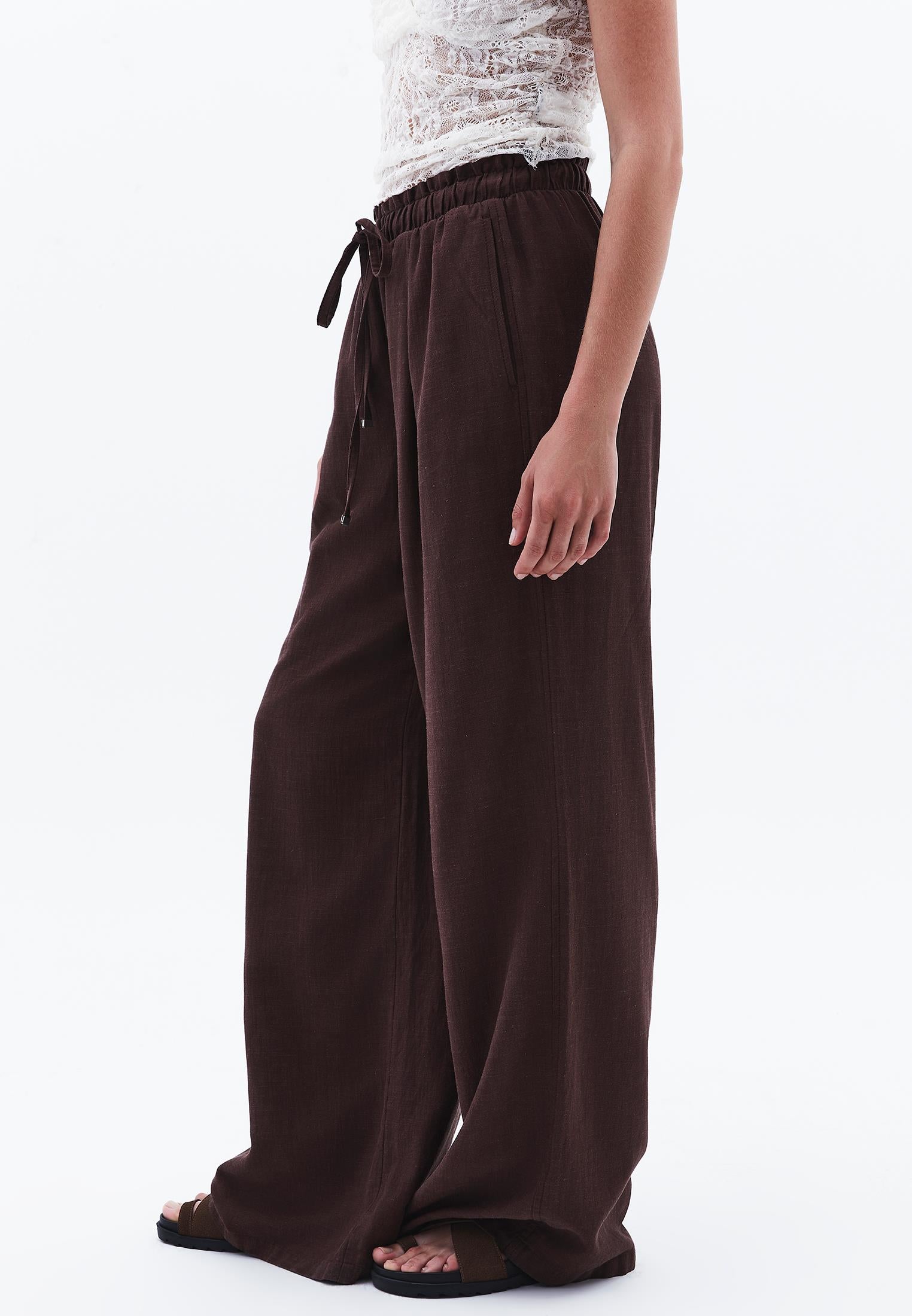 High Waist Wide Leg Linen Pants - CHICORY COFFEE
