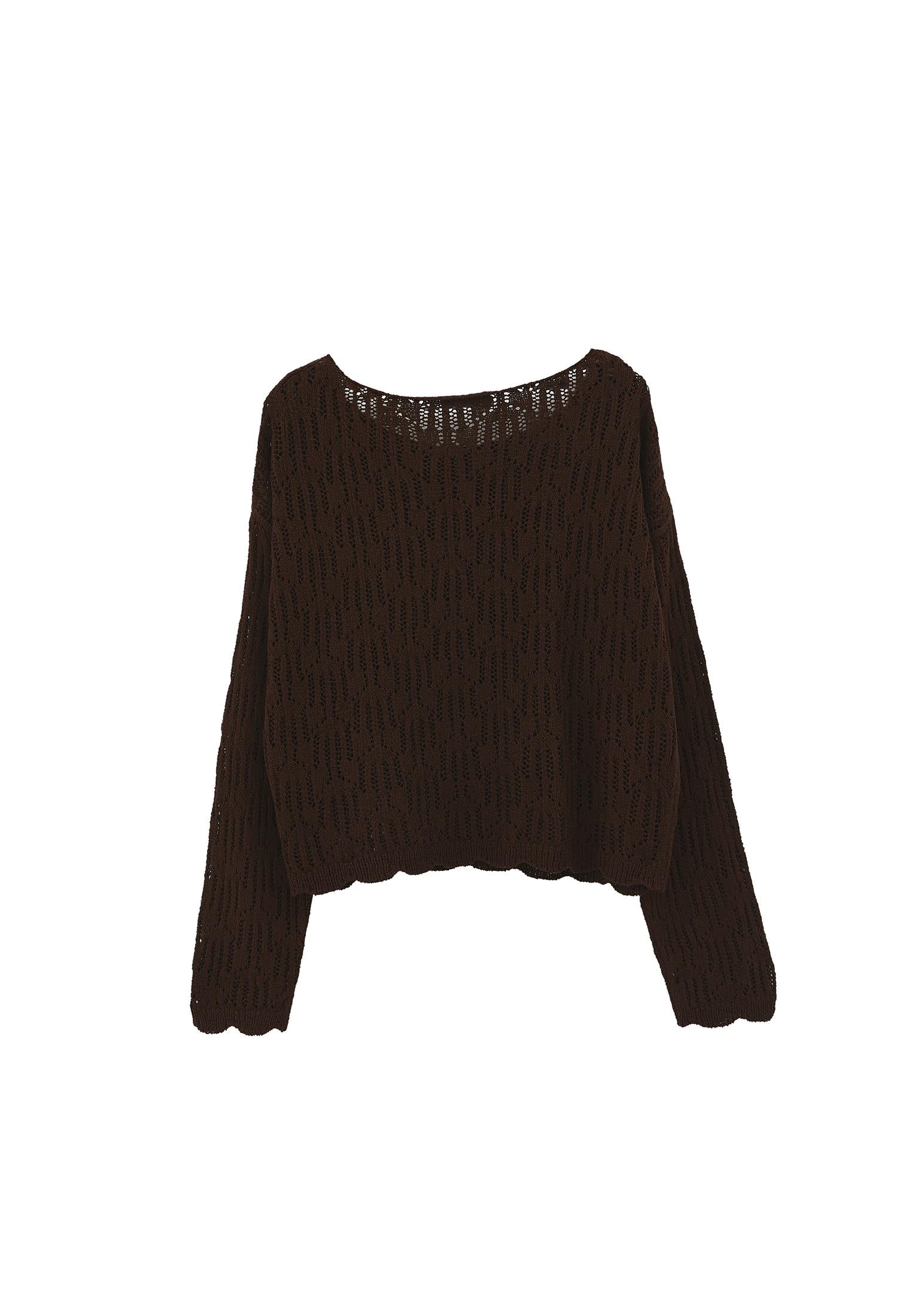 Openwork Boat Neck Sweater - CHICORY COFFEE