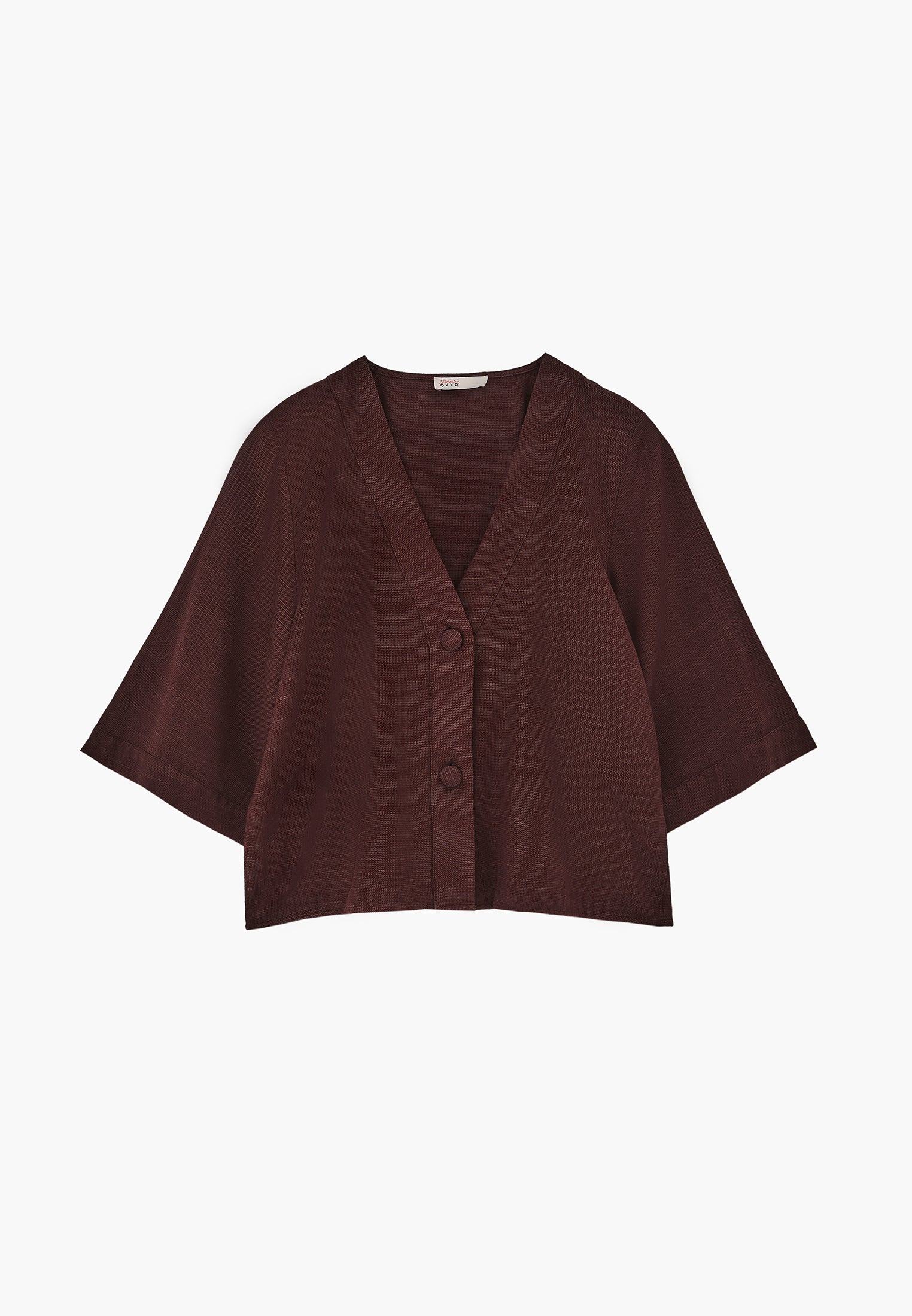 Button Detailed Half Sleeve V Neck Blouse - CHICORY COFFEE