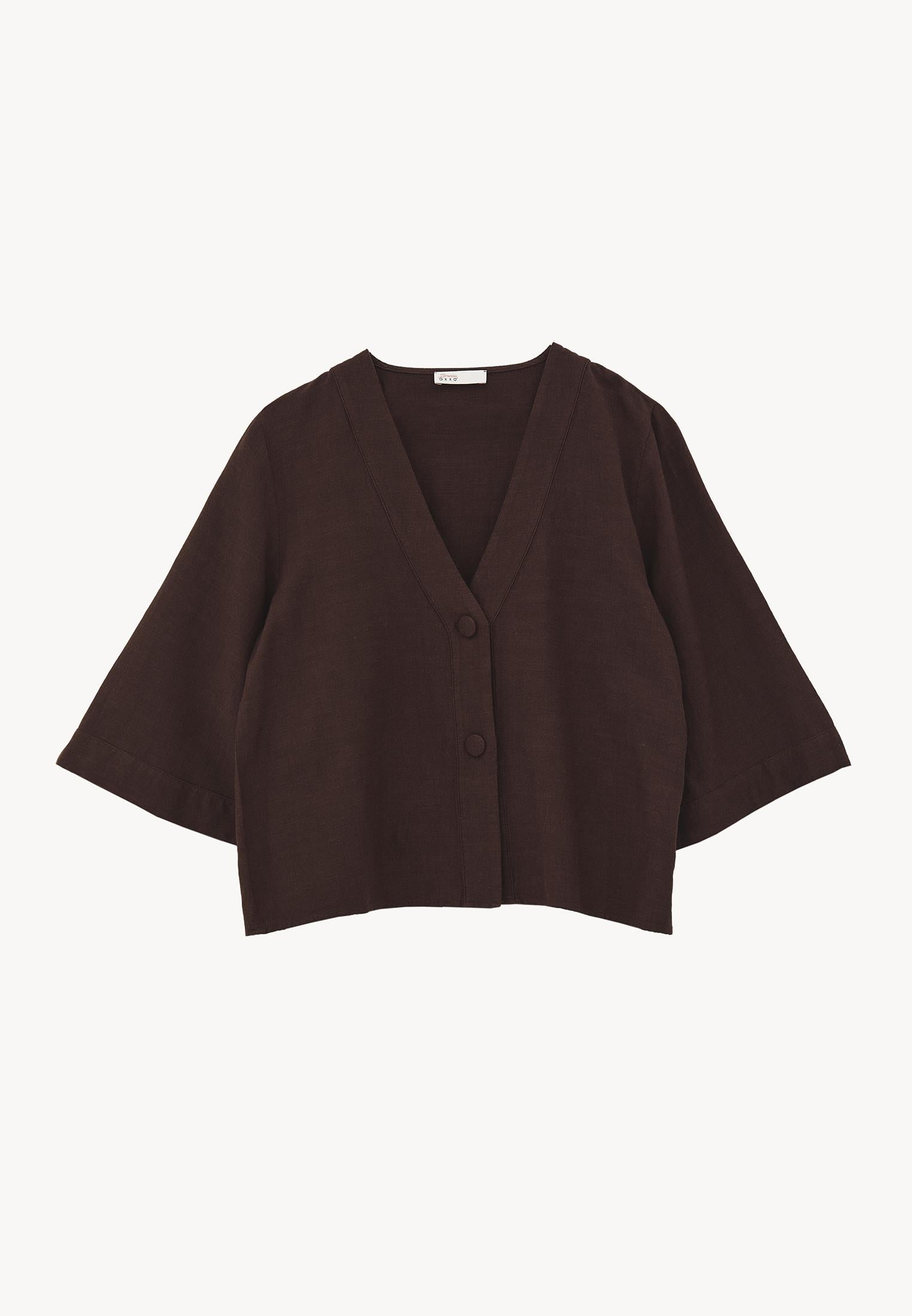 V Neck Button Detailed Blouse - CHICORY COFFEE