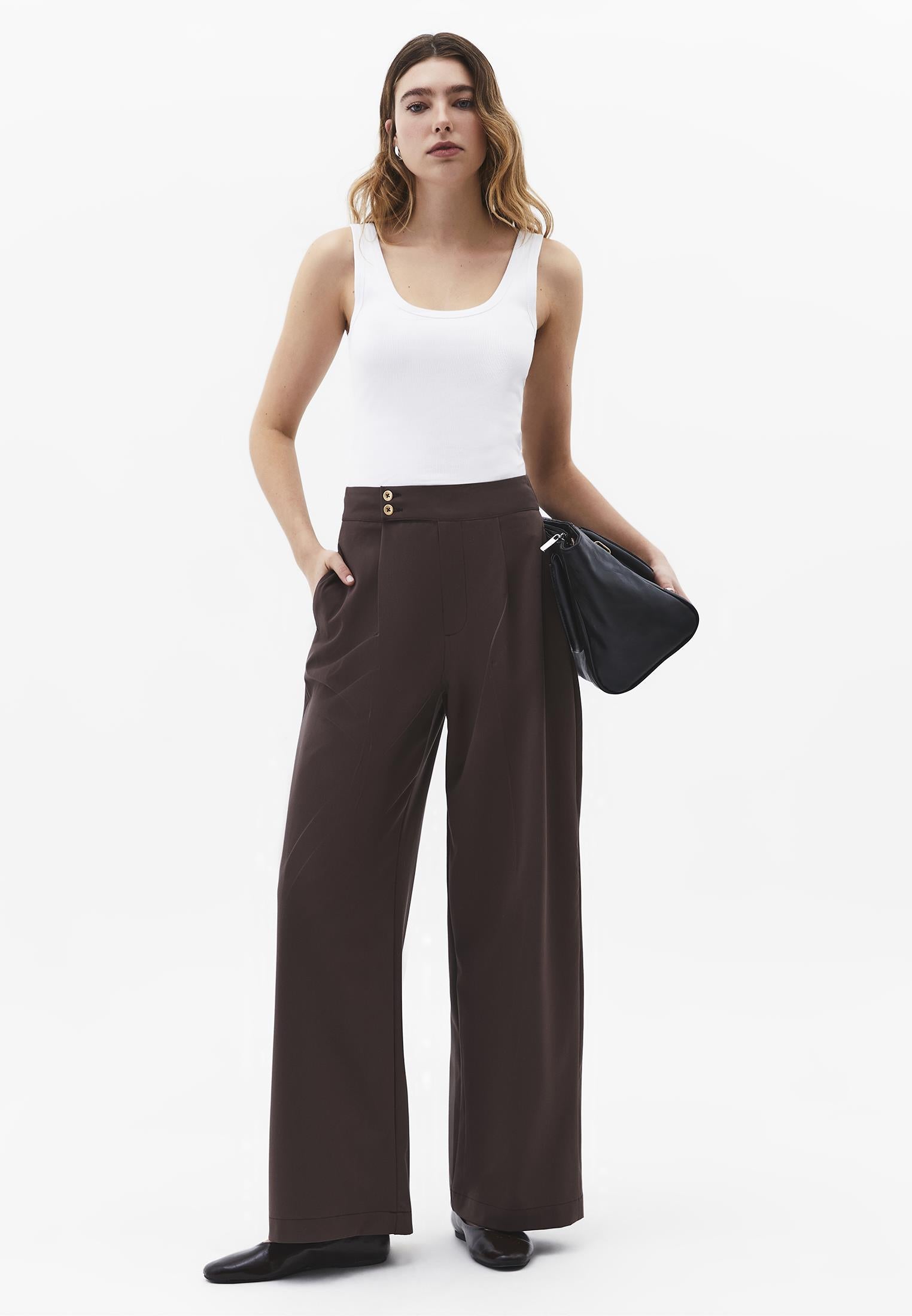 Ultra High Waist Straight Pants - CHOCOLATE BROWN