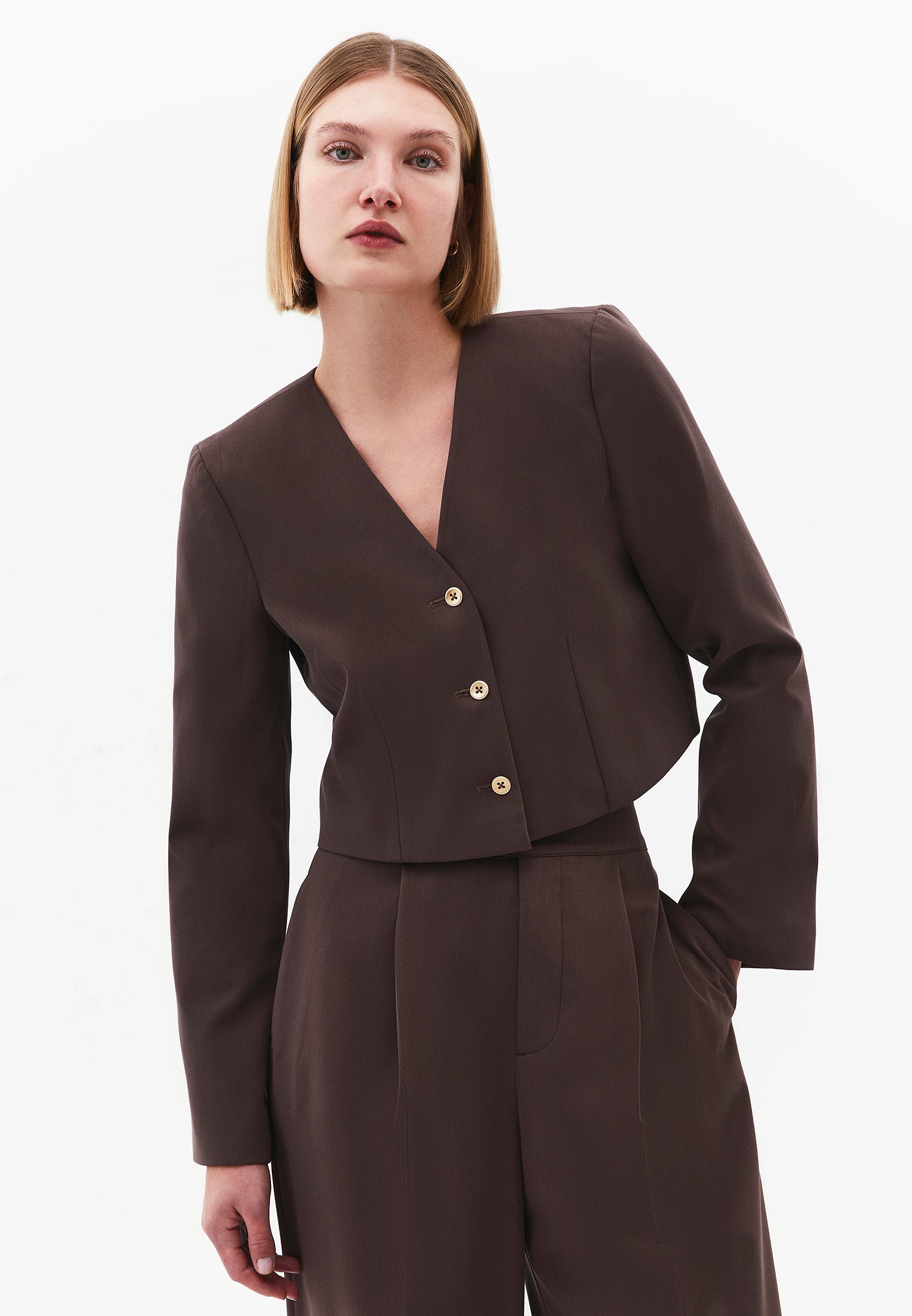 Short Blazer With Button Details - CHOCOLATE BROWN