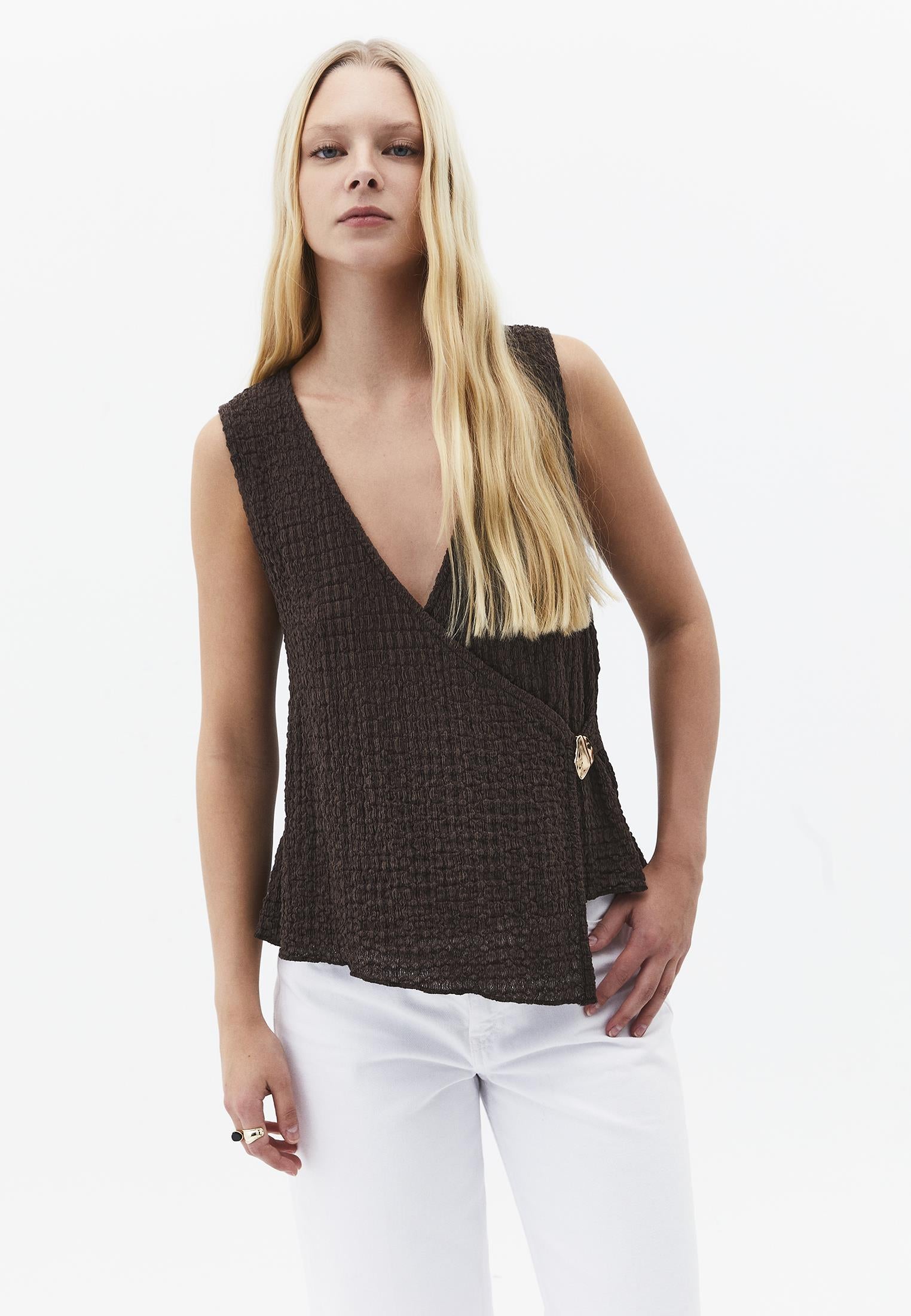 V Neck Blouse Without Sleeve Detail - CHOCOLATE BROWN