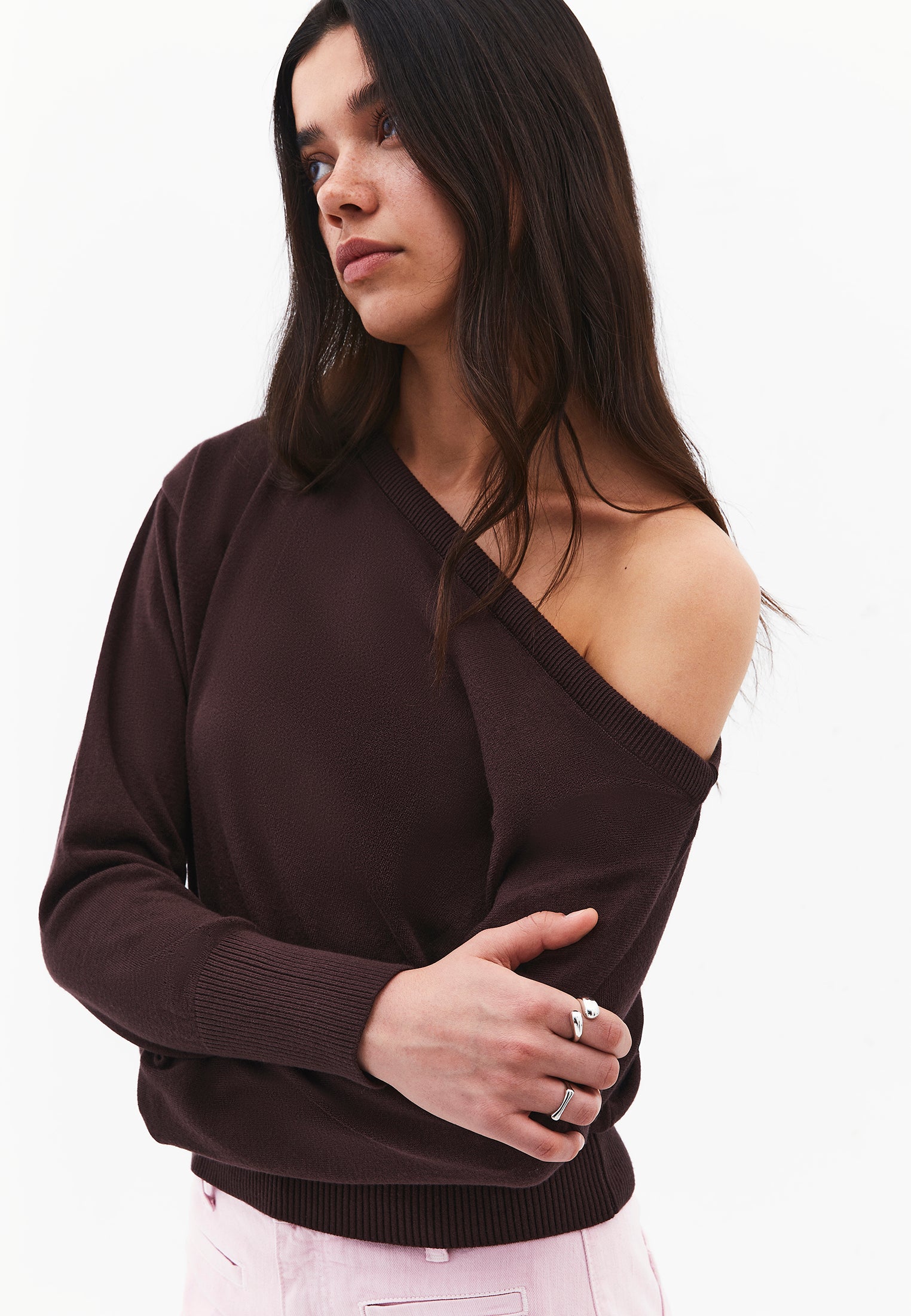 Boat Neck Long Sleeve Sweater - CHOCOLATE BROWN