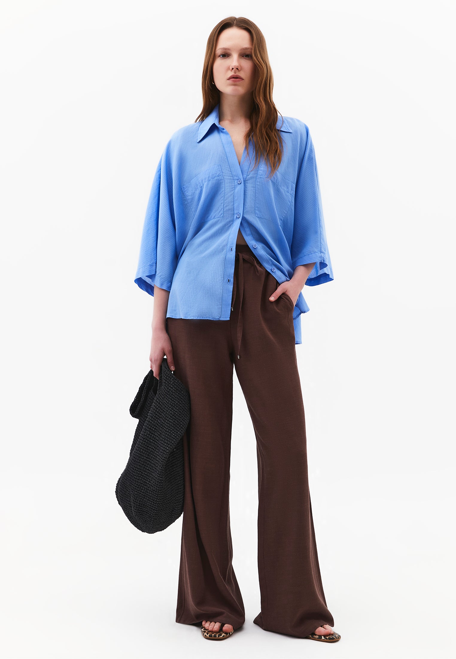 High Waist Wide Leg Elastic Waist Pants - CHOCOLATE BROWN