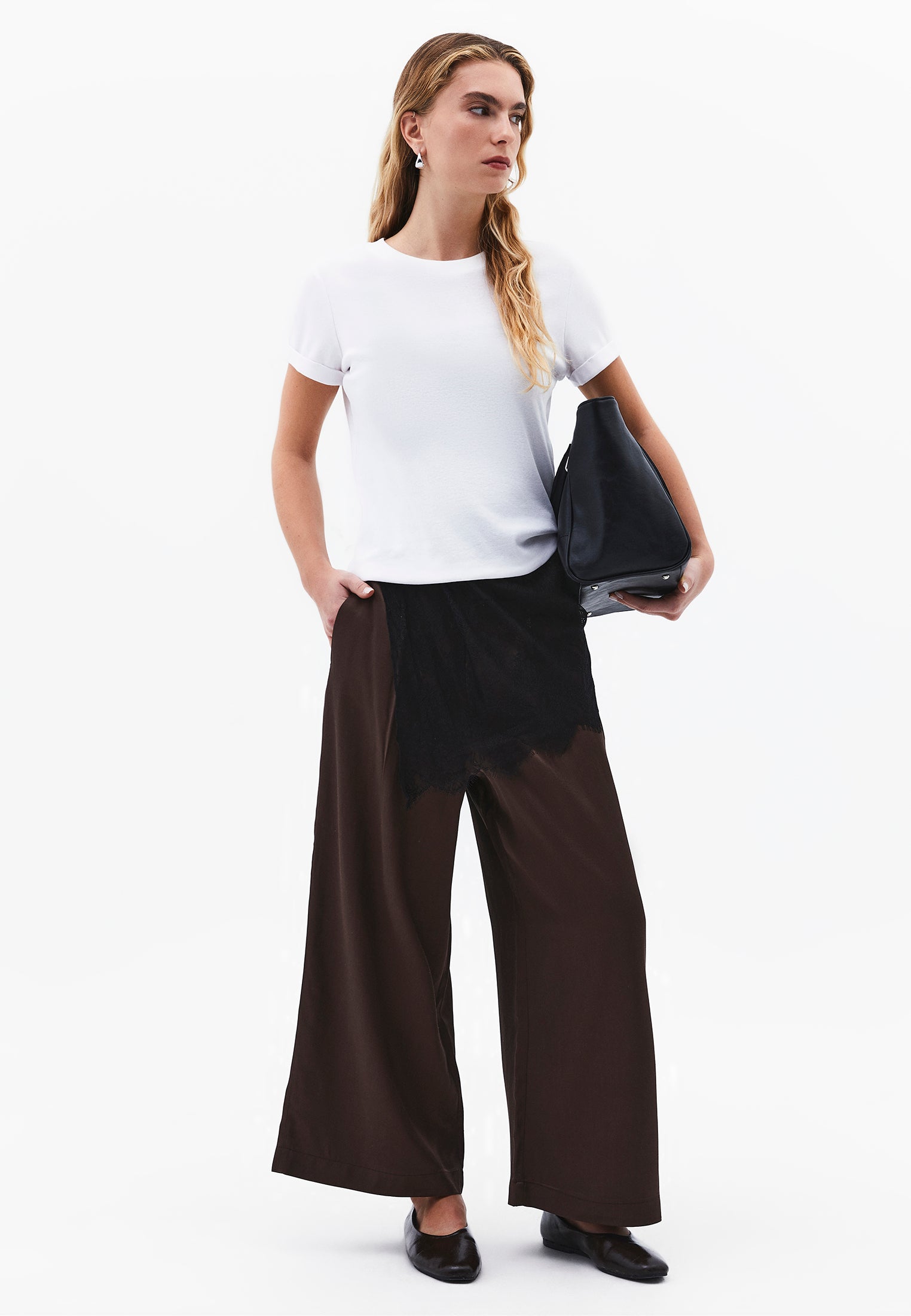 High Waist Wide Leg Loose Leg Trousers - CHOCOLATE BROWN