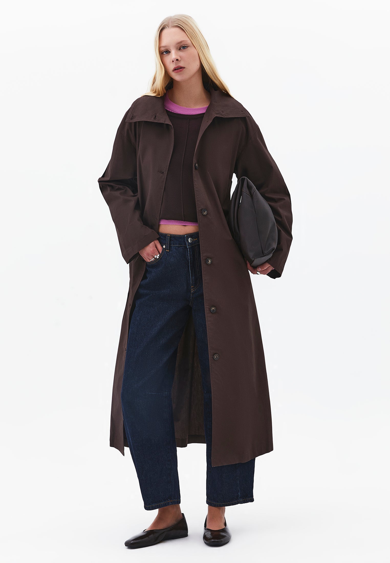 Belted Long Oversize Trench Coat - CHOCOLATE BROWN