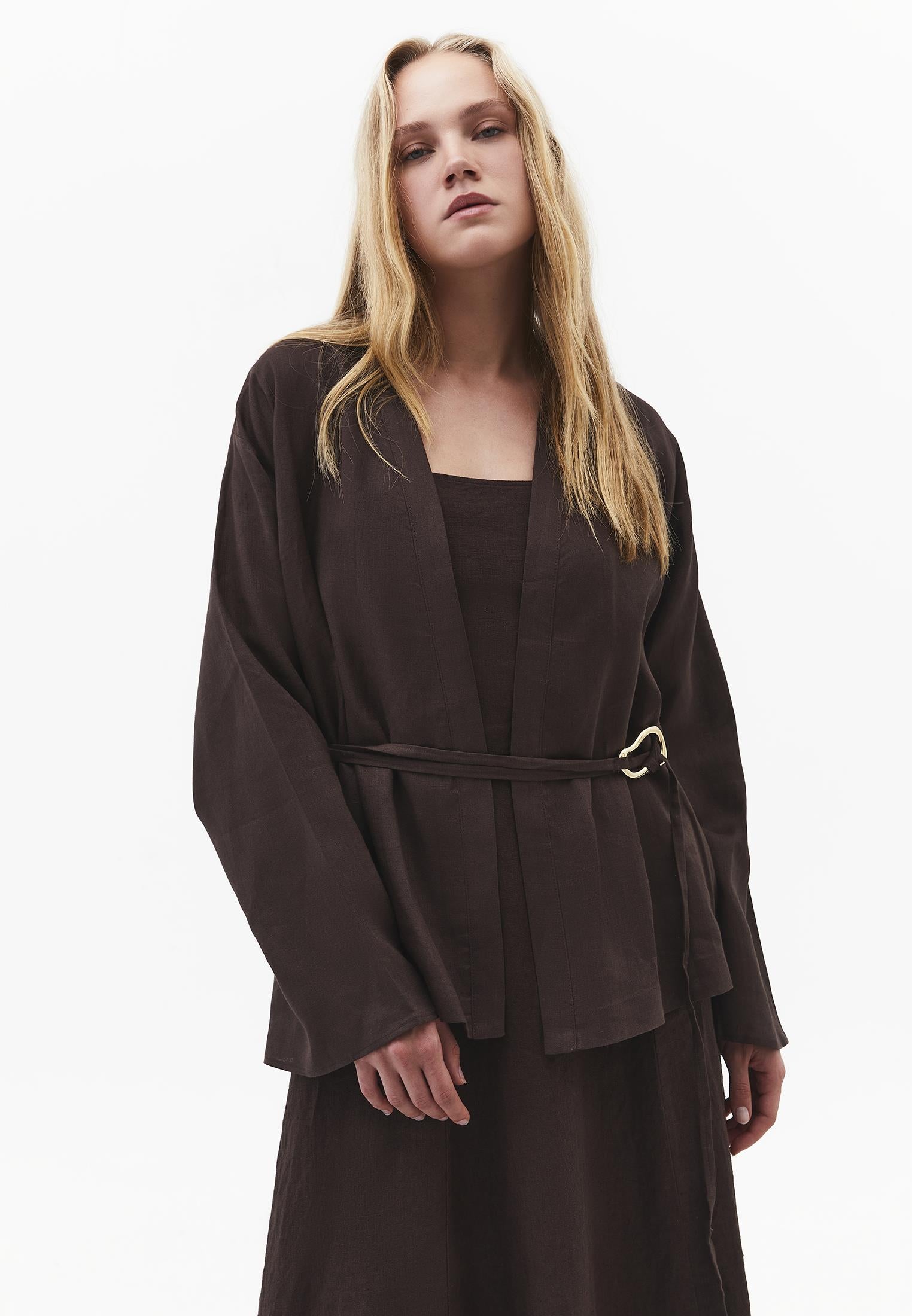Oversize Jacket With Buckle Detail And Tie - CHOCOLATE BROWN