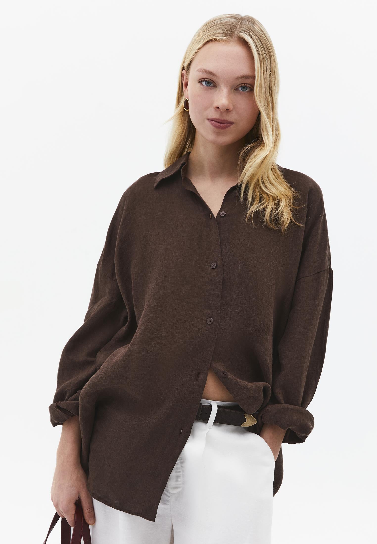 Oversize Shirt Collar Long Shirt - CHOCOLATE BROWN