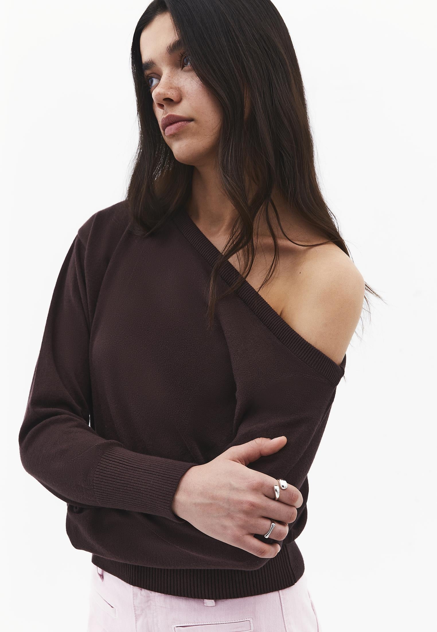 Boat Neck Long Sleeve Sweater - CHOCOLATE BROWN