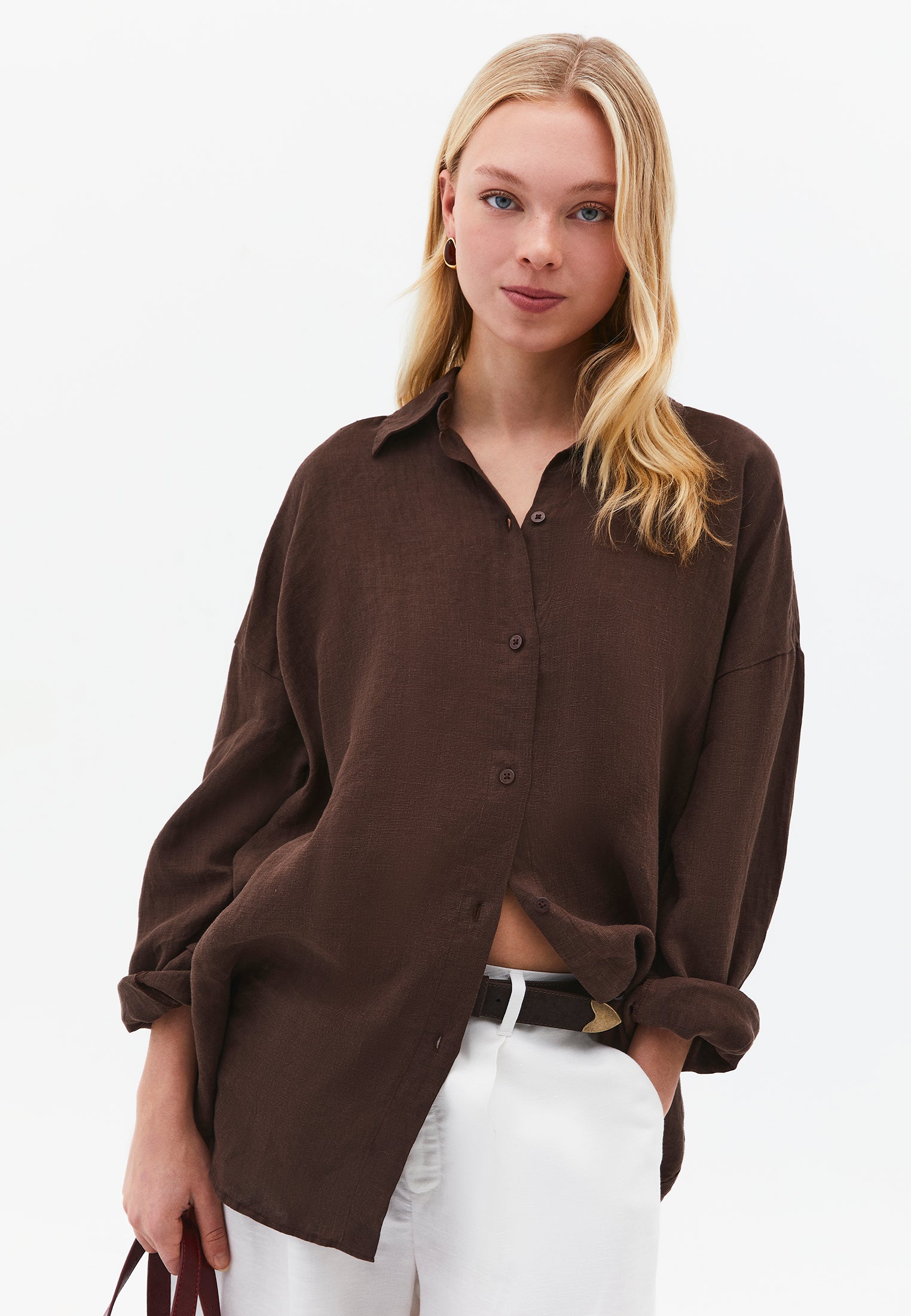 Oversize Shirt Collar Long Shirt - CHOCOLATE BROWN