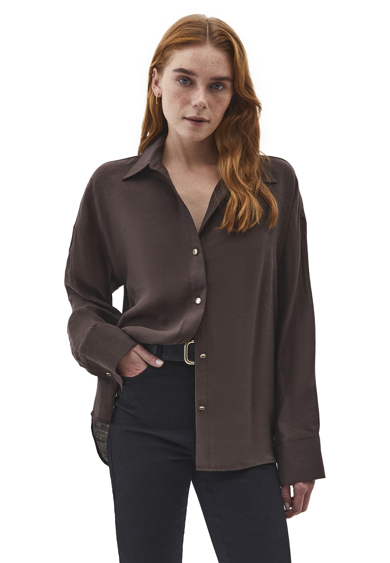 Tunic Cut Shirt With Button Details - CHOCOLATE BROWN