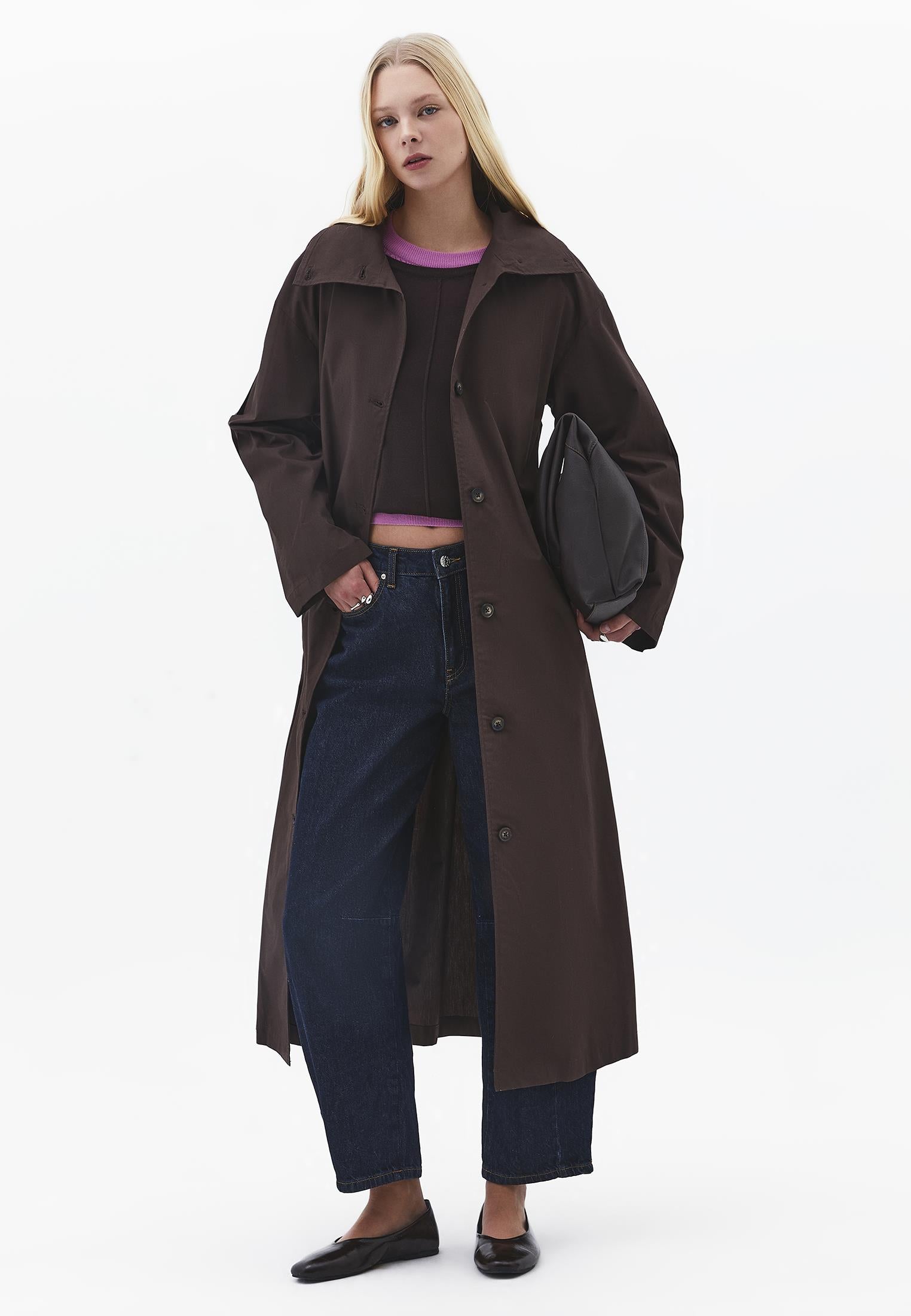 Belted Long Oversize Trench Coat - CHOCOLATE BROWN