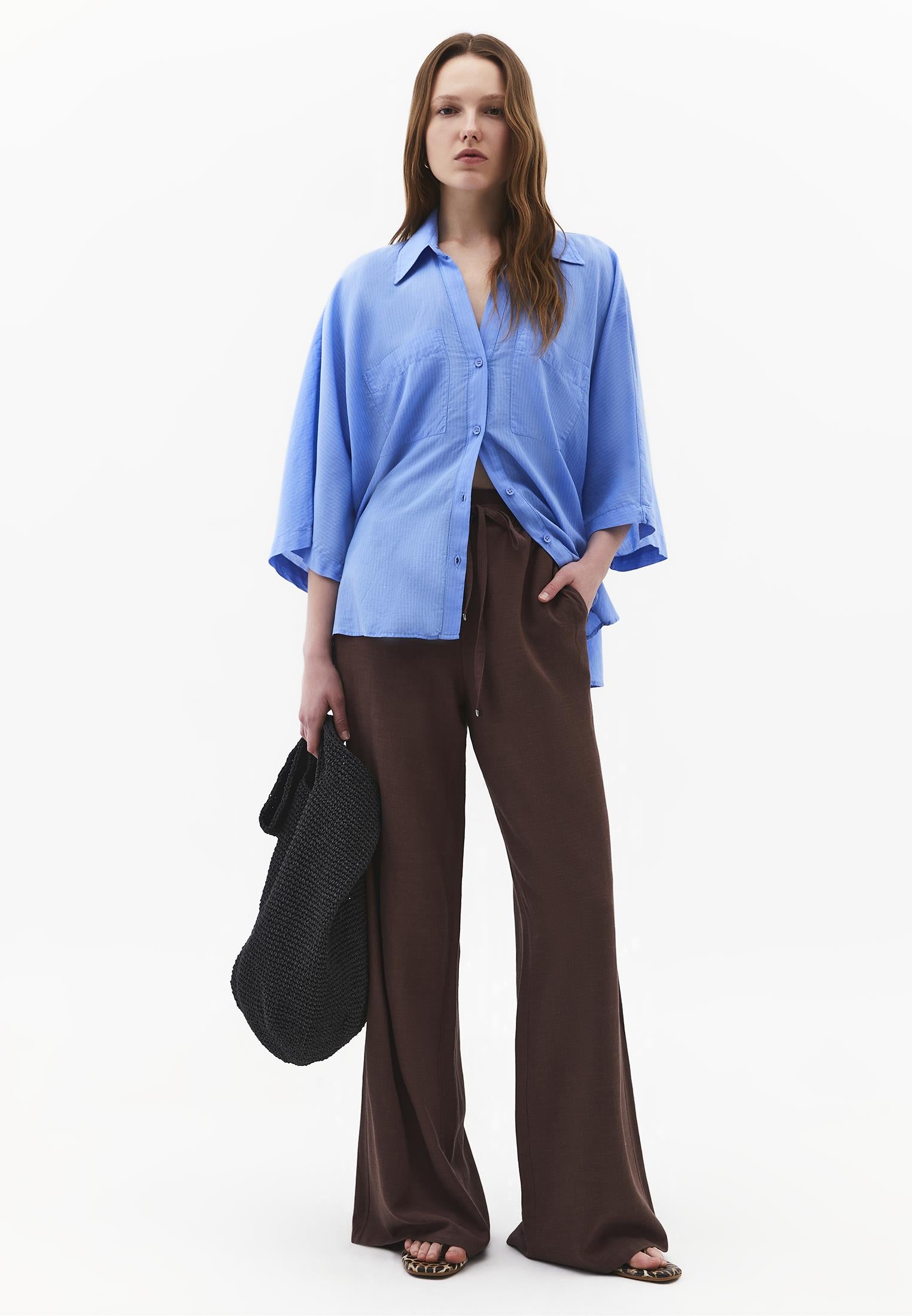 High Waist Wide Leg Elastic Waist Pants - CHOCOLATE BROWN