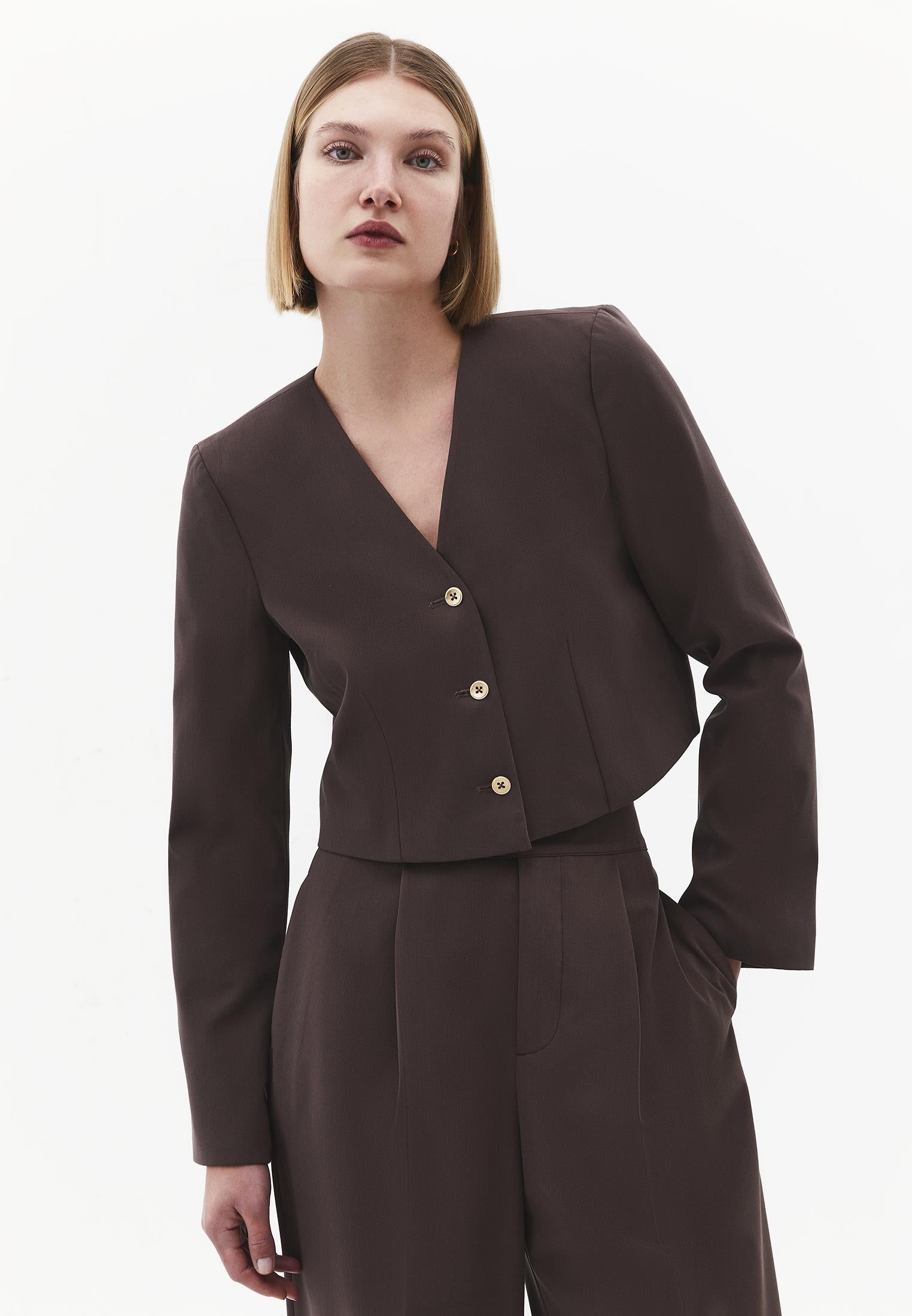 Short Blazer With Button Details - CHOCOLATE BROWN