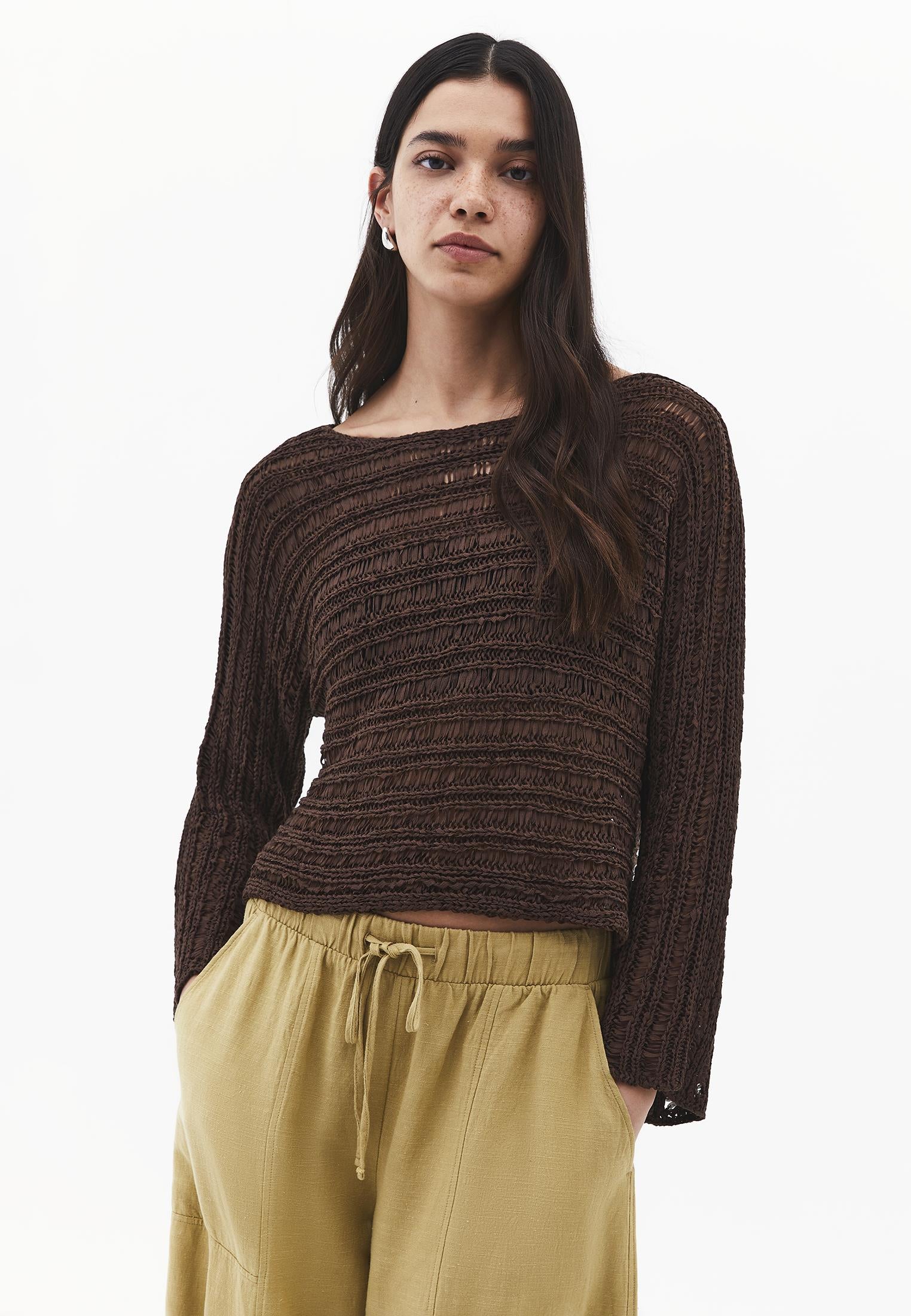Ajour Standard Boat Neck Knit Sweater - CHOCOLATE BROWN