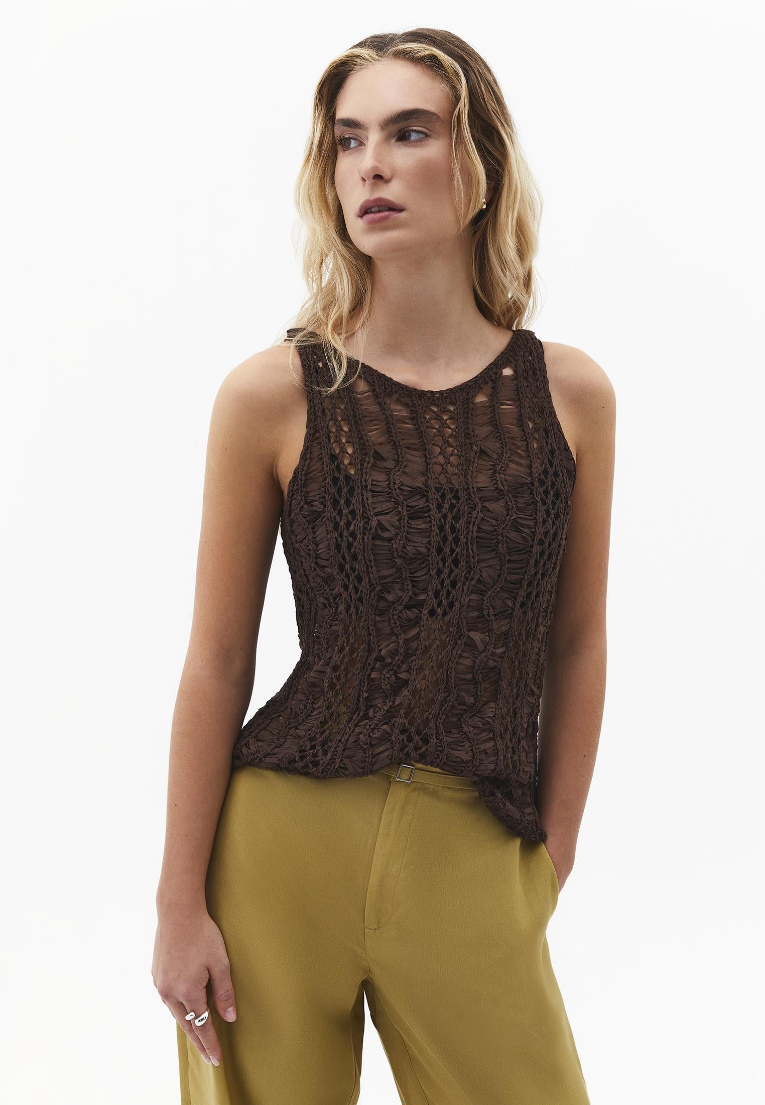 Sleeveless Ajour Tank Top - CHOCOLATE BROWN