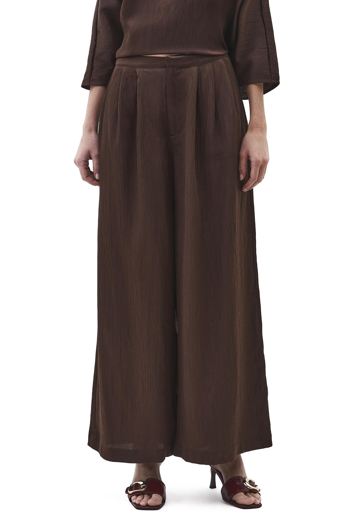 High Waist Wide Leg Pleated Pants - CHOCOLATE BROWN