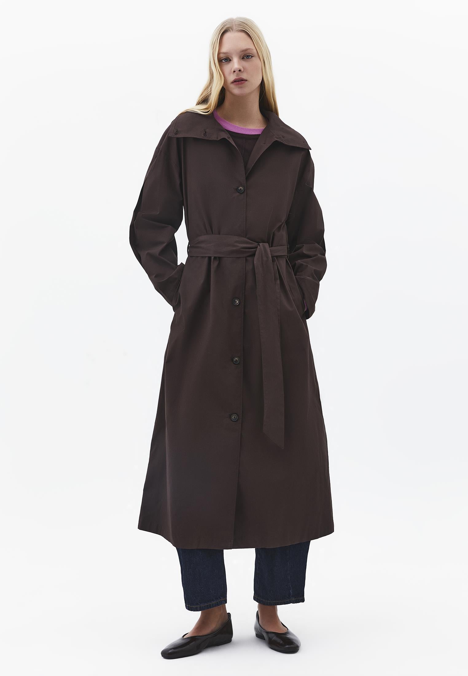 Belted Long Oversize Trench Coat - CHOCOLATE BROWN
