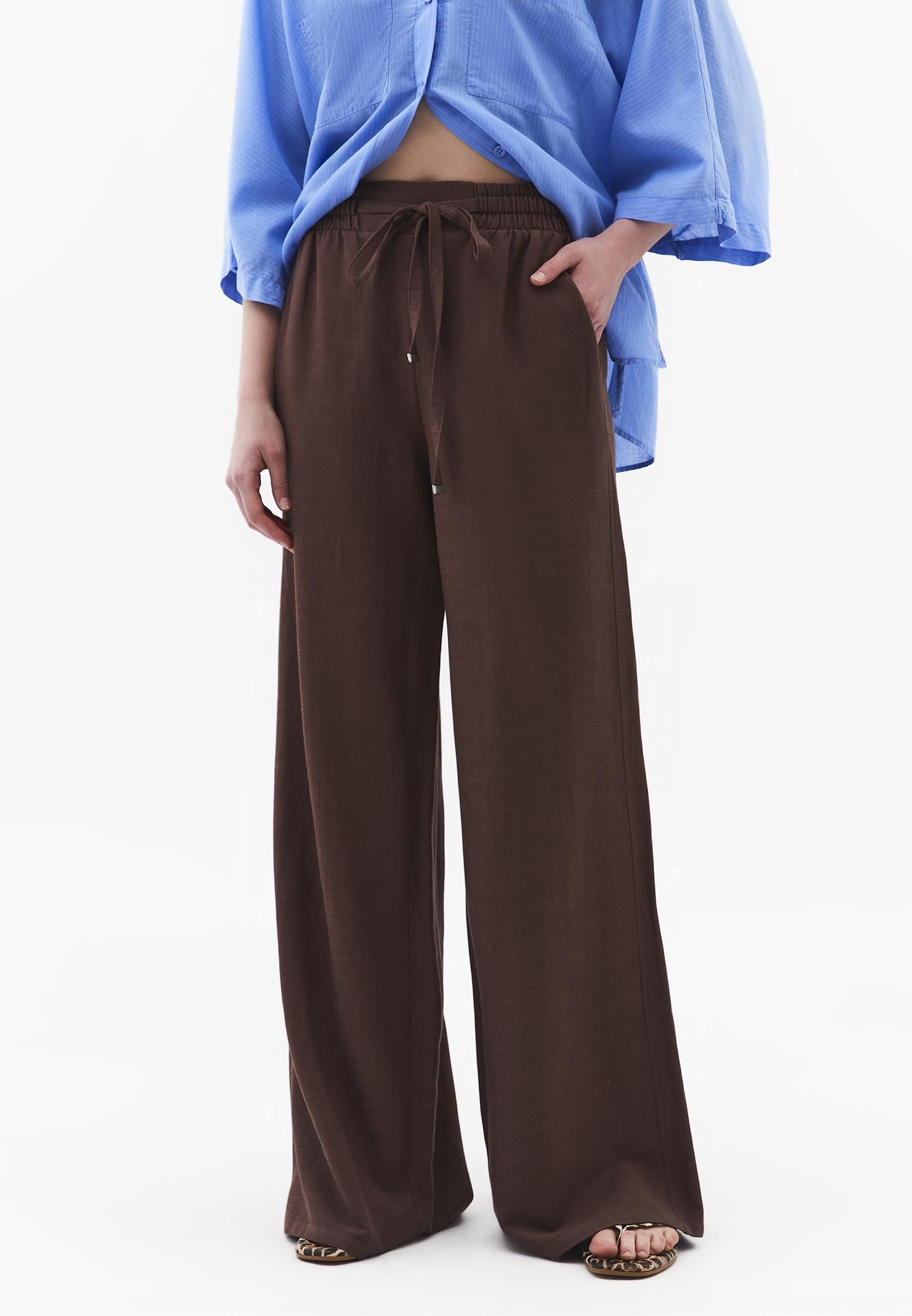 High Waist Wide Leg Elastic Waist Pants - CHOCOLATE BROWN