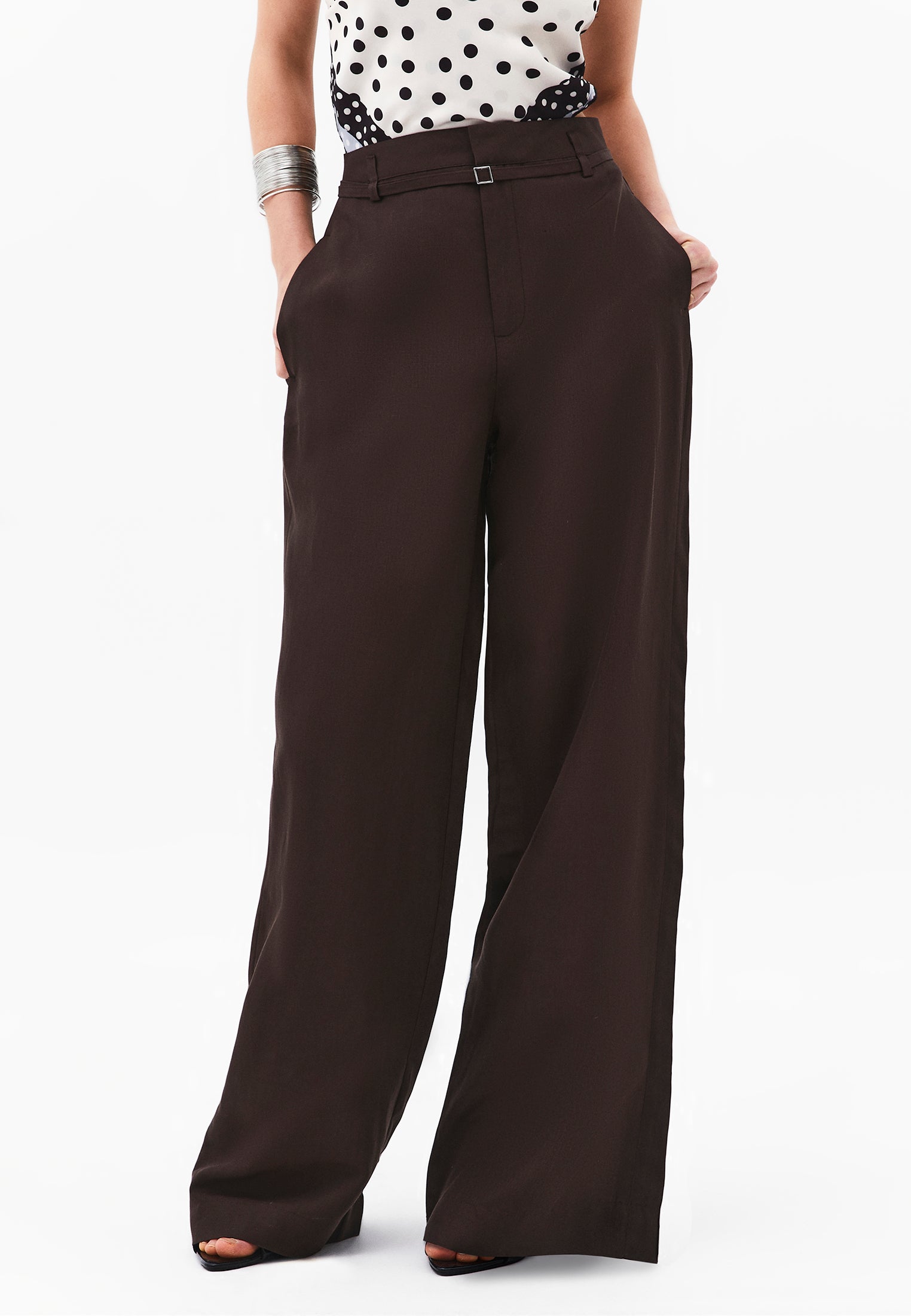 High Waist Belted Straight Leg Trousers - CHOCOLATE BROWN