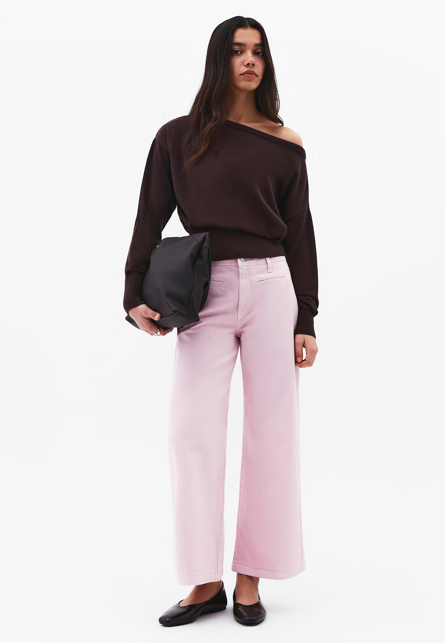 Boat Neck Long Sleeve Sweater - CHOCOLATE BROWN
