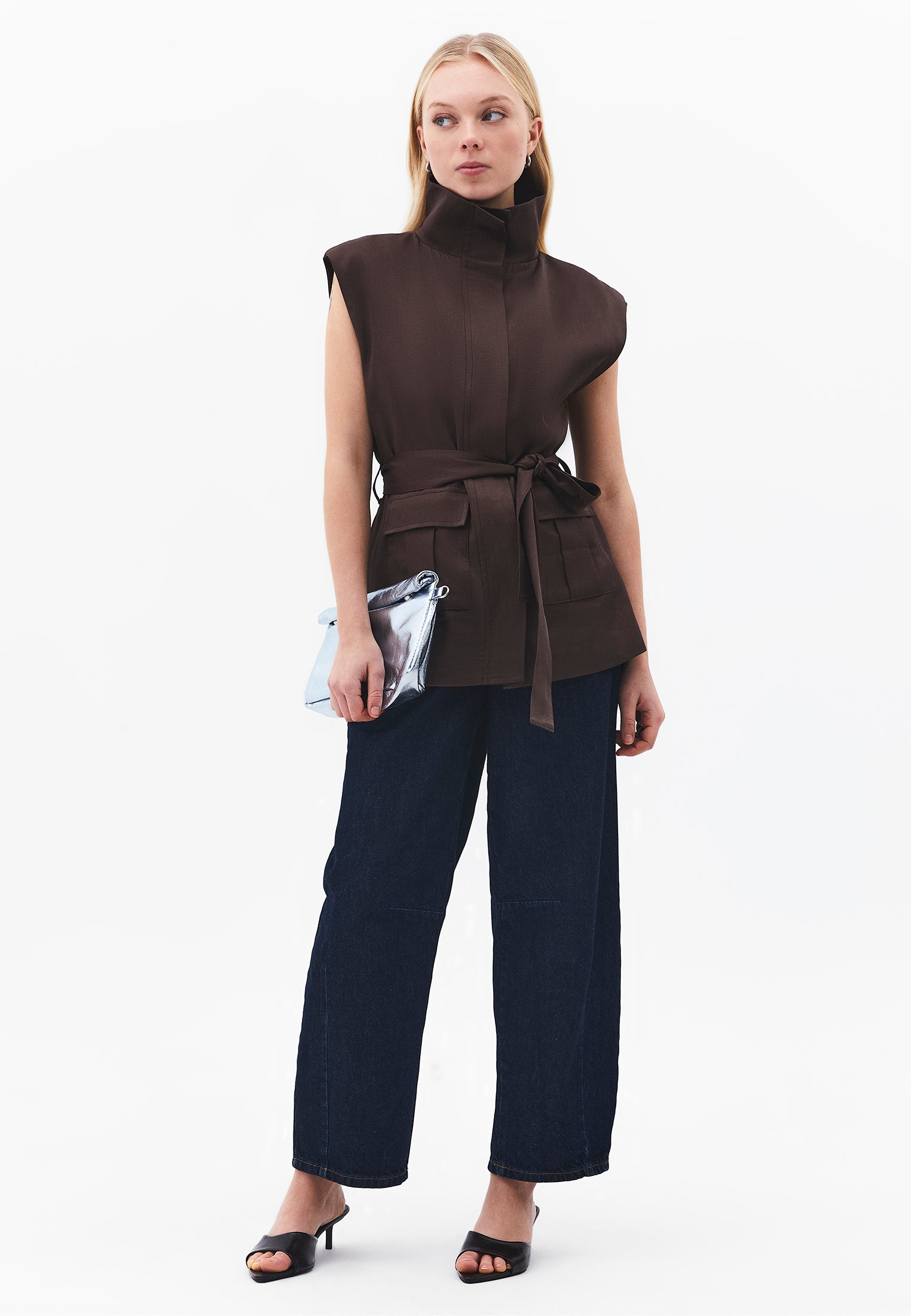 Sleeveless Cargo Vest With Turtleneck - CHOCOLATE BROWN