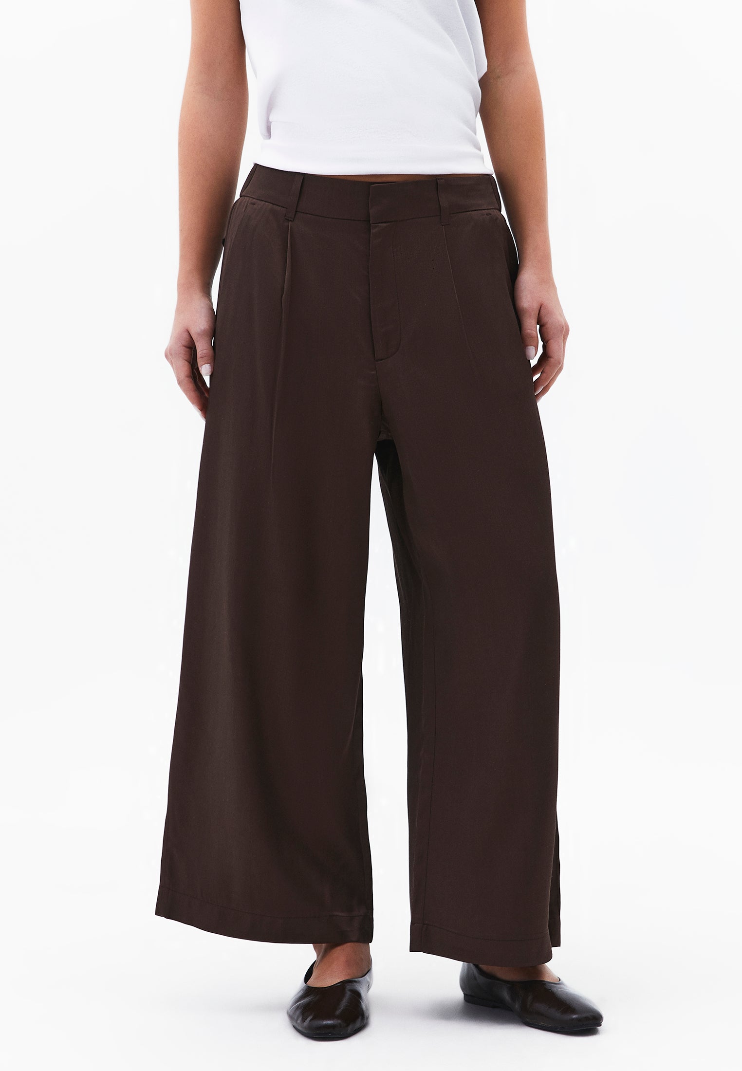 High Waist Wide Leg Loose Leg Trousers - CHOCOLATE BROWN