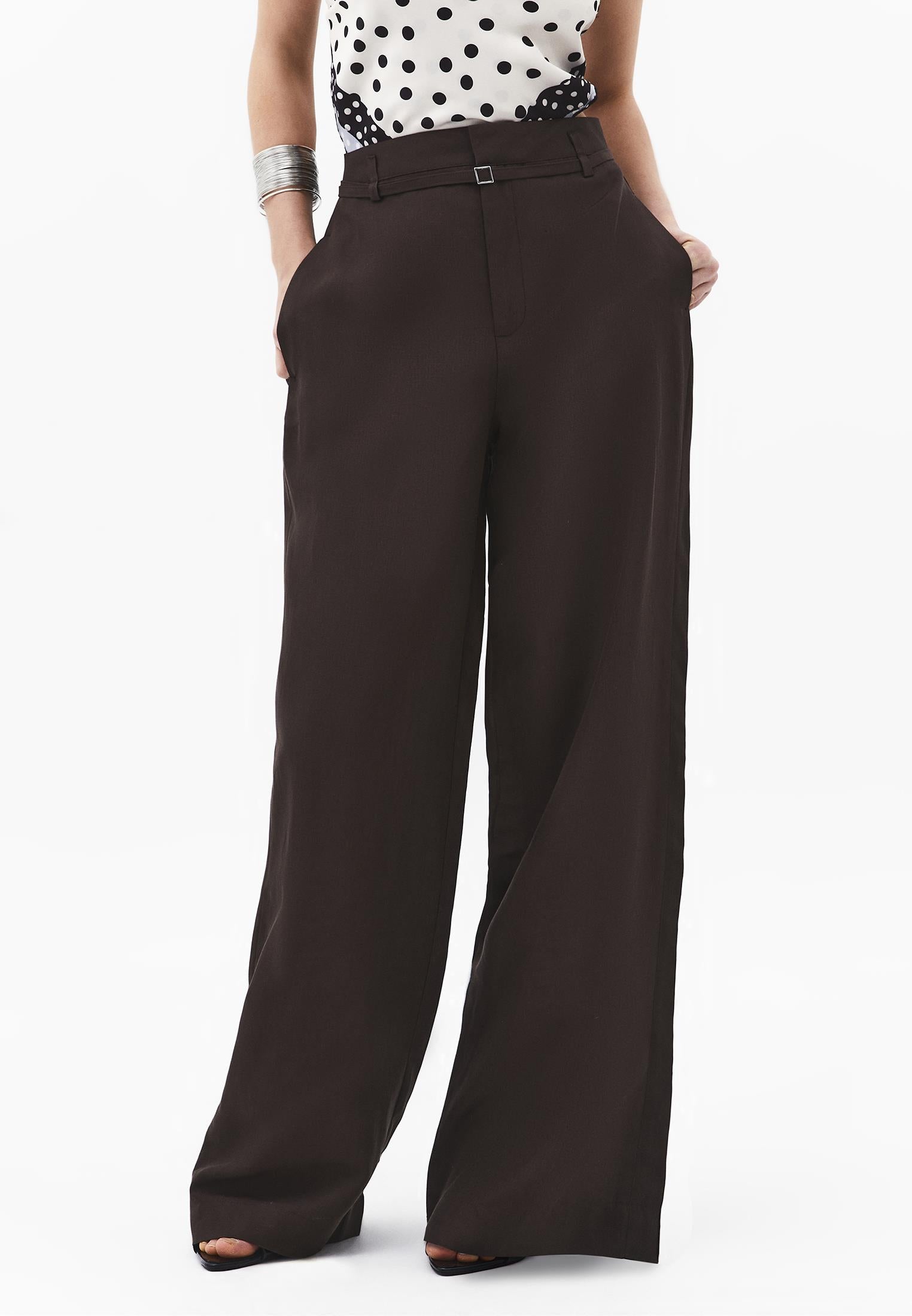 High Waist Belted Straight Leg Trousers - CHOCOLATE BROWN