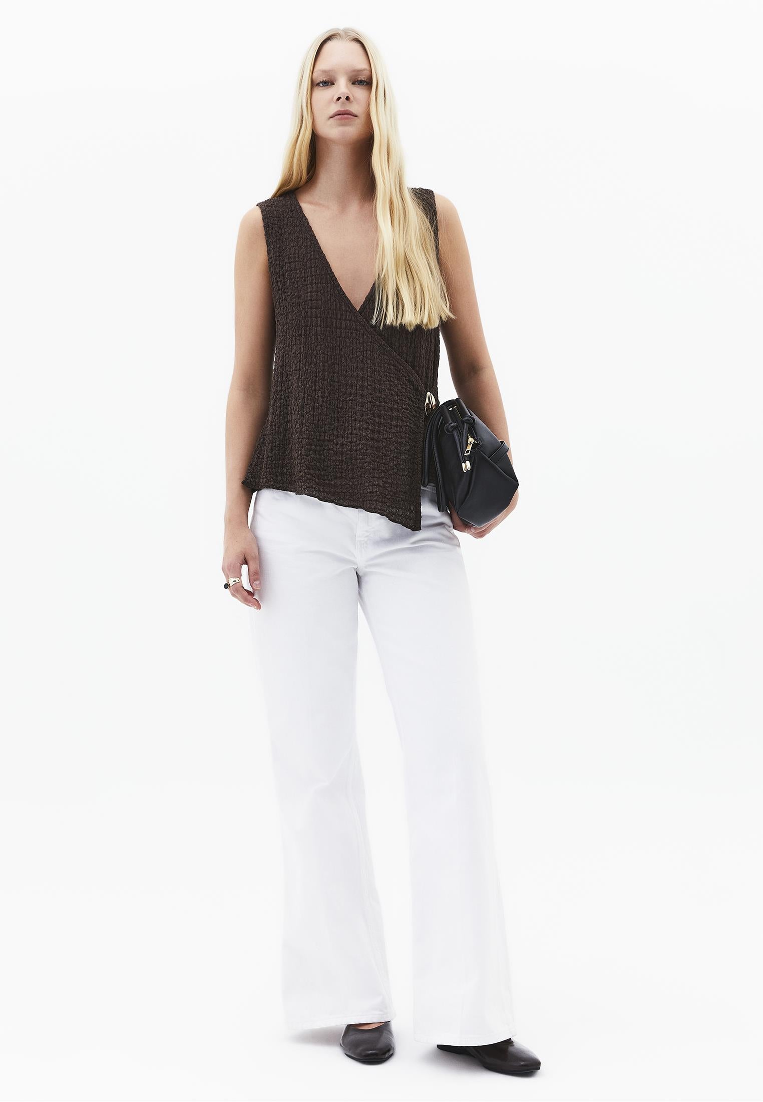 V Neck Blouse Without Sleeve Detail - CHOCOLATE BROWN