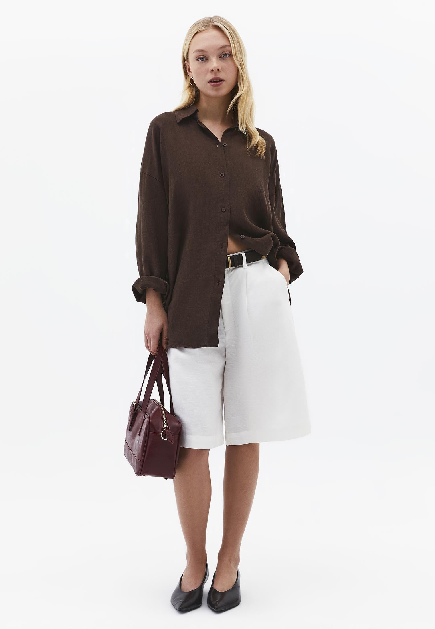 Oversize Shirt Collar Long Shirt - CHOCOLATE BROWN