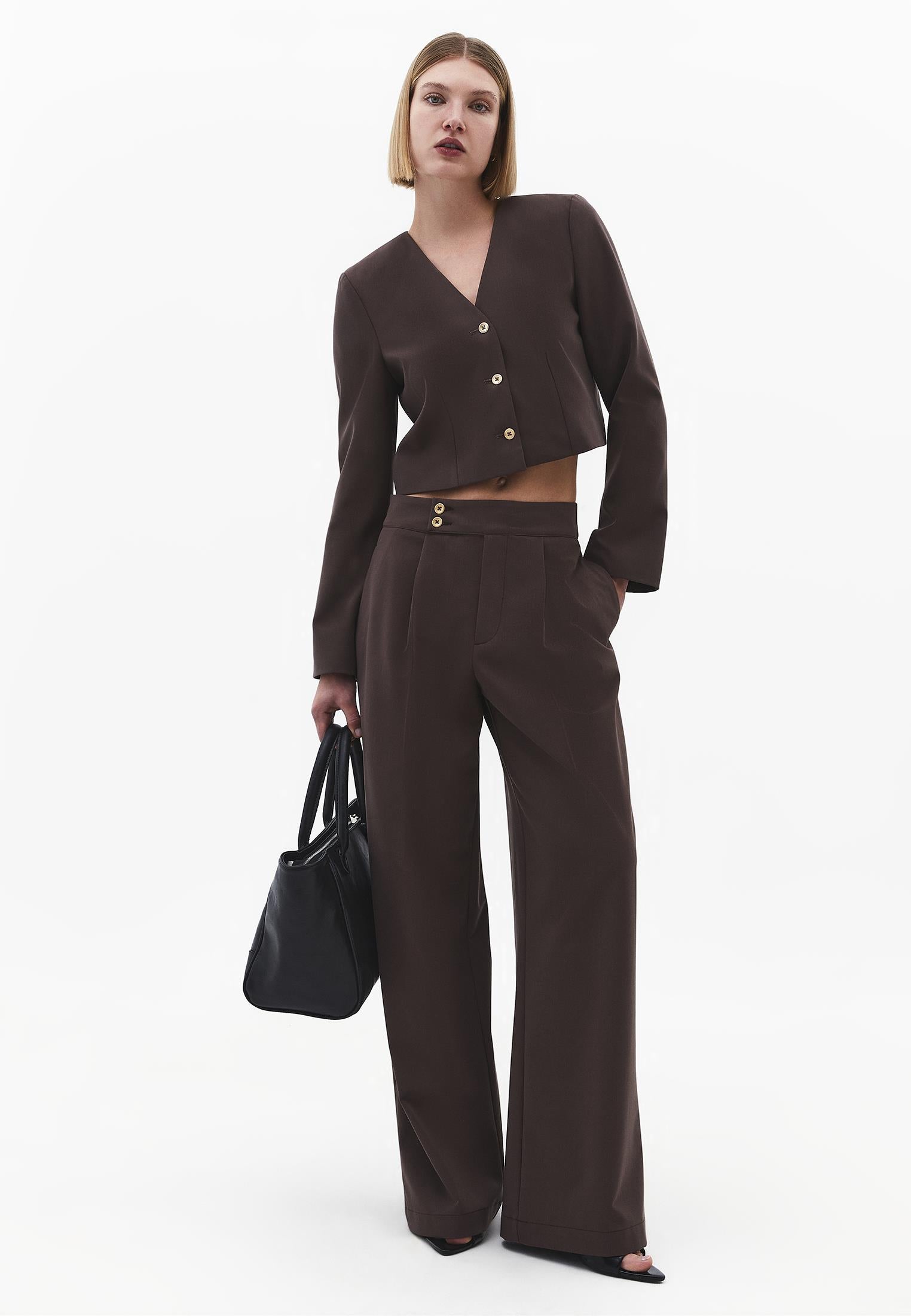 Short Blazer With Button Details - CHOCOLATE BROWN