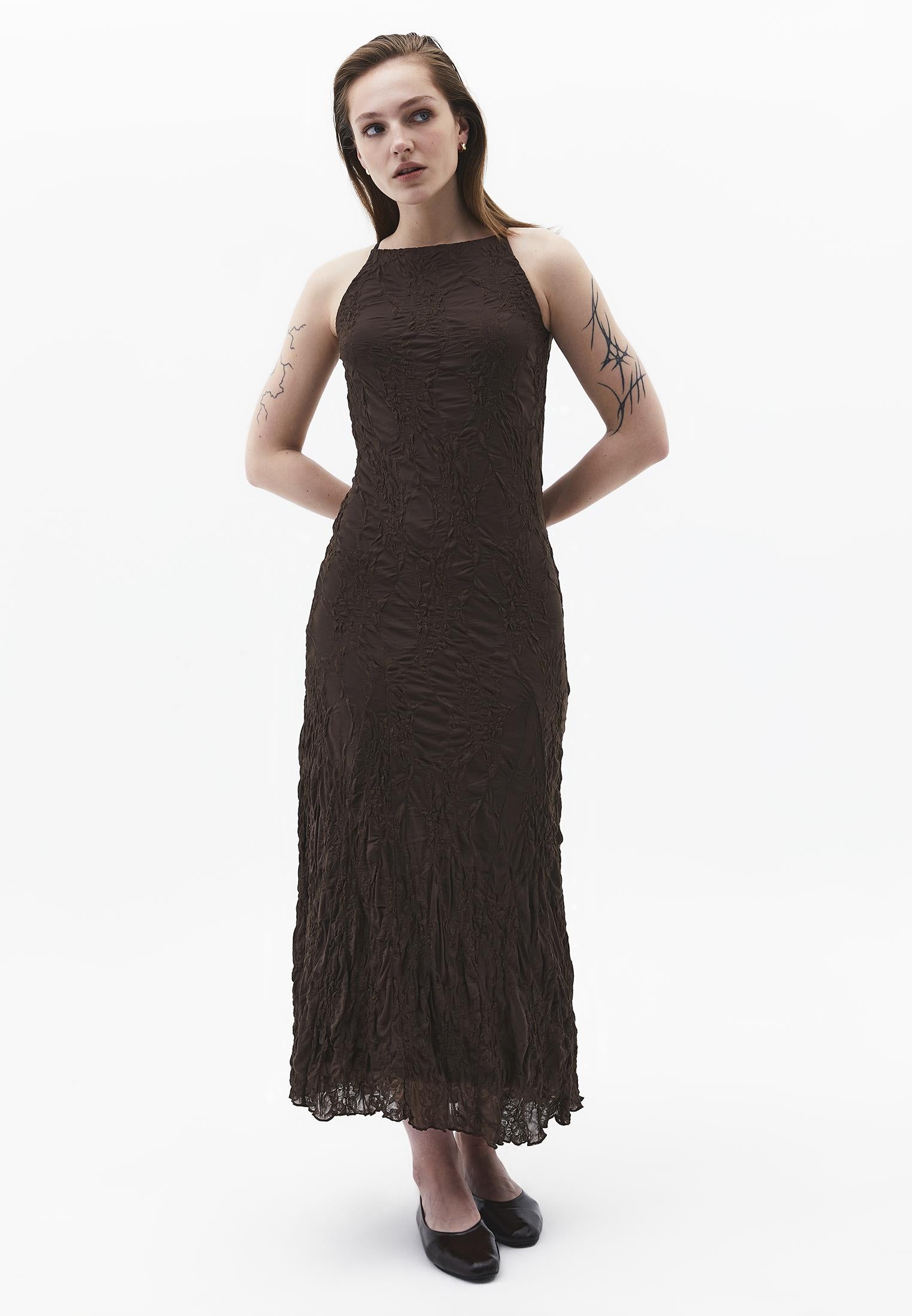 Sleeveless Long Dress With Crew Neck - CHOCOLATE BROWN