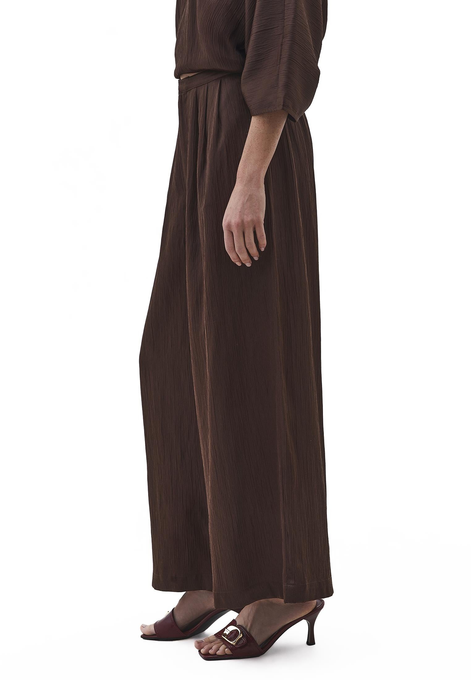 High Waist Wide Leg Pleated Pants - CHOCOLATE BROWN