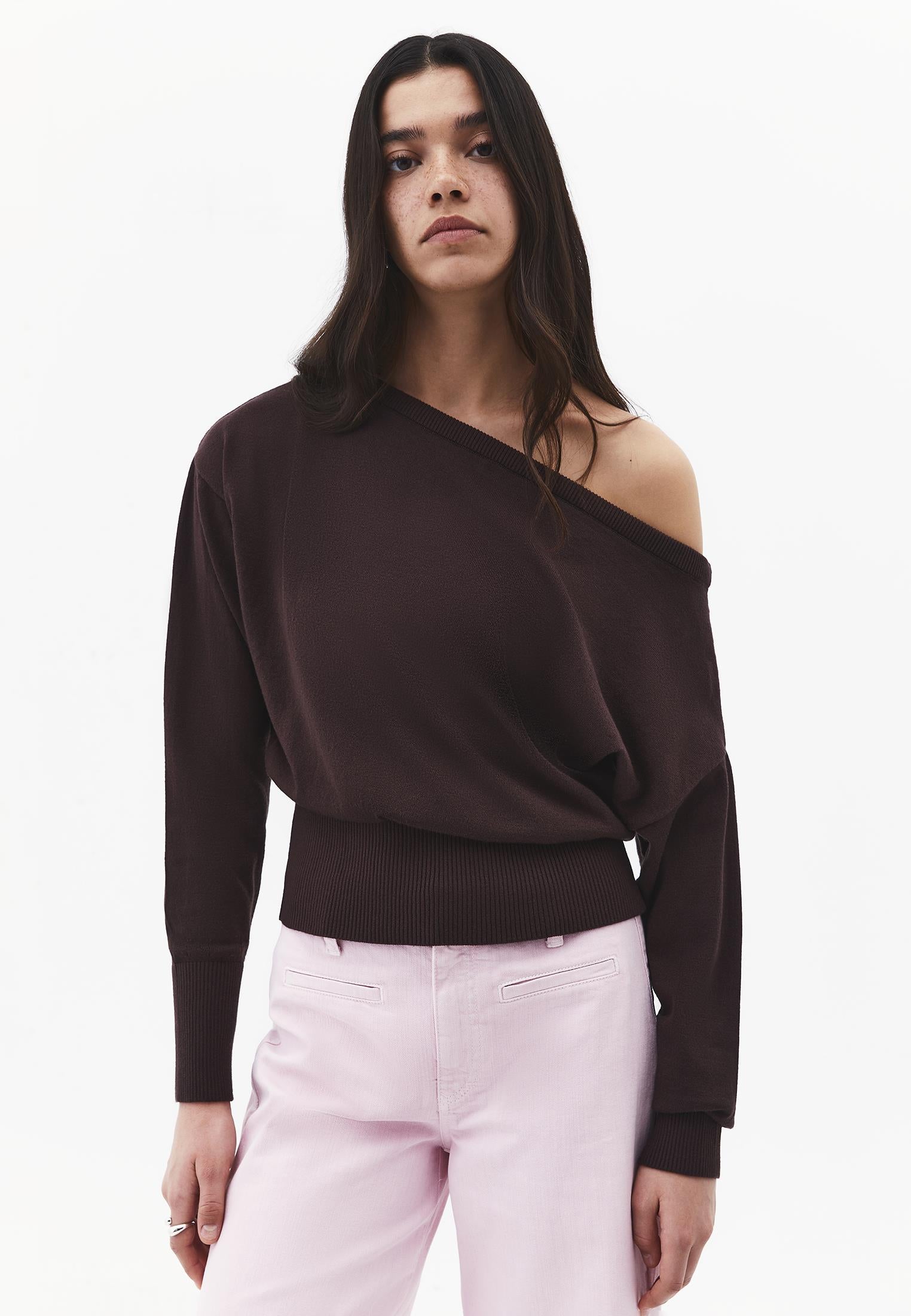 Boat Neck Long Sleeve Sweater - CHOCOLATE BROWN
