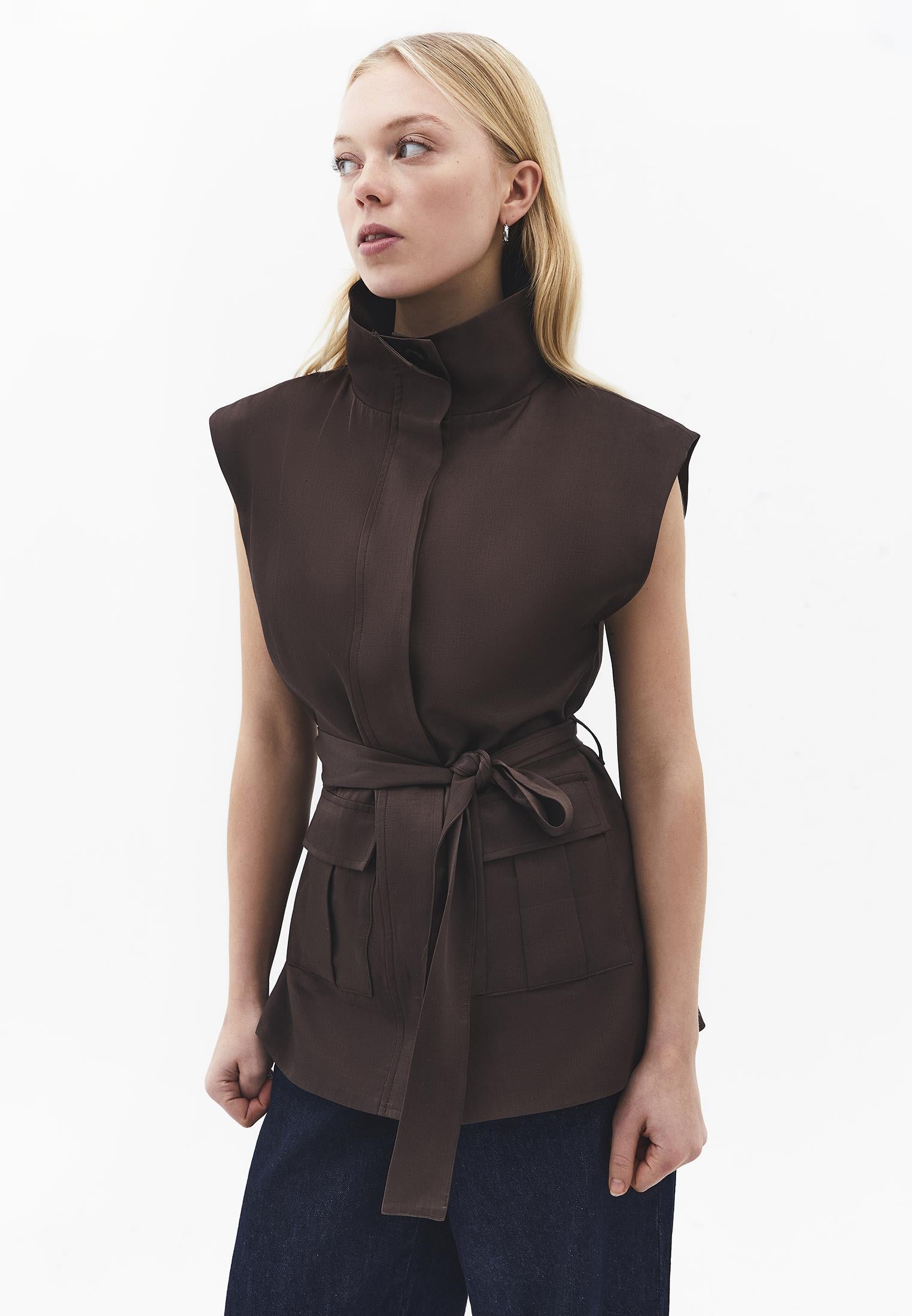 Sleeveless Cargo Vest With Turtleneck - CHOCOLATE BROWN
