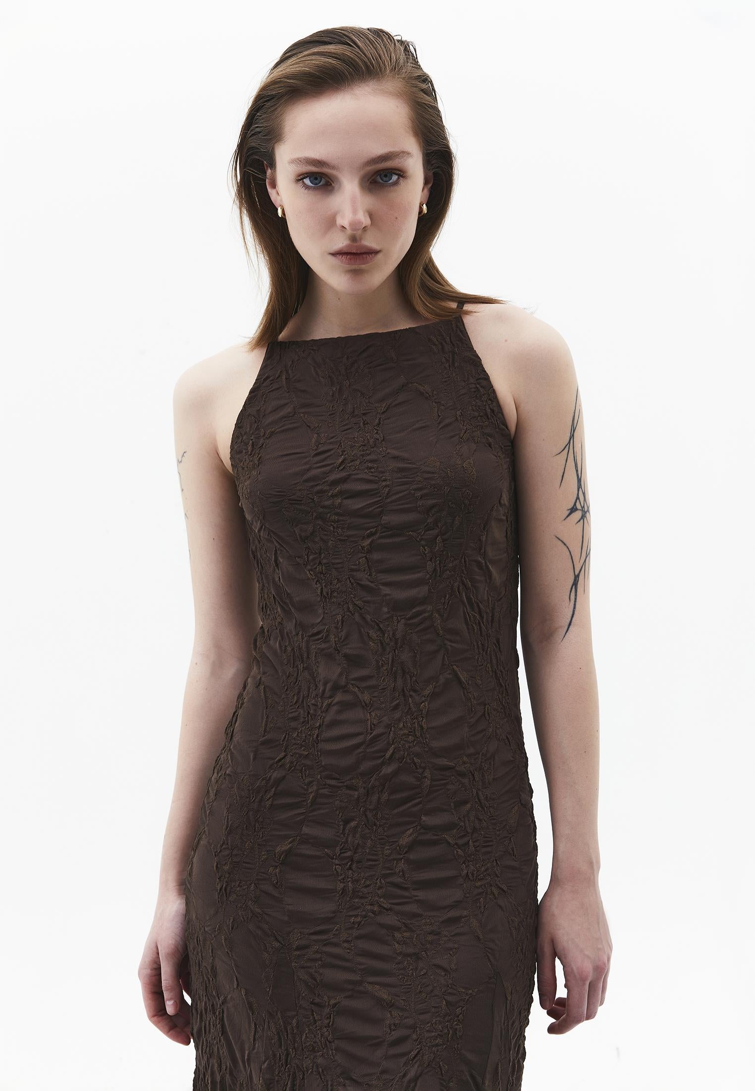 Sleeveless Long Dress With Crew Neck - CHOCOLATE BROWN