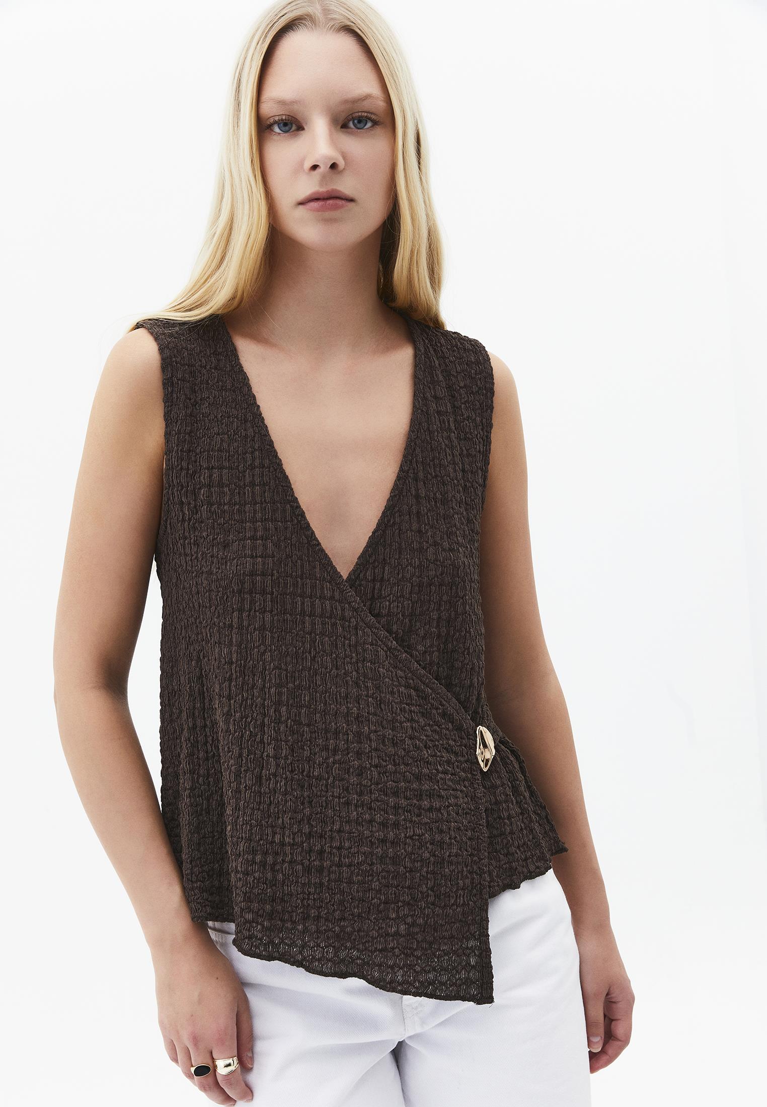 V Neck Blouse Without Sleeve Detail - CHOCOLATE BROWN