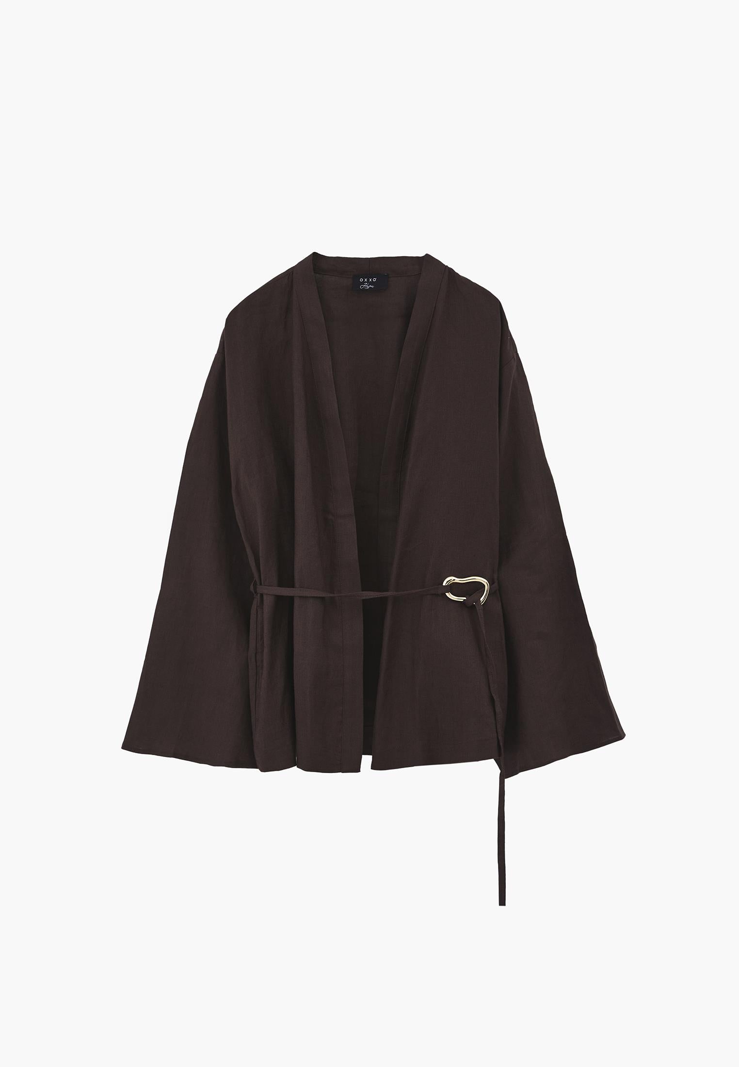 Oversize Jacket With Buckle Detail And Tie - CHOCOLATE BROWN