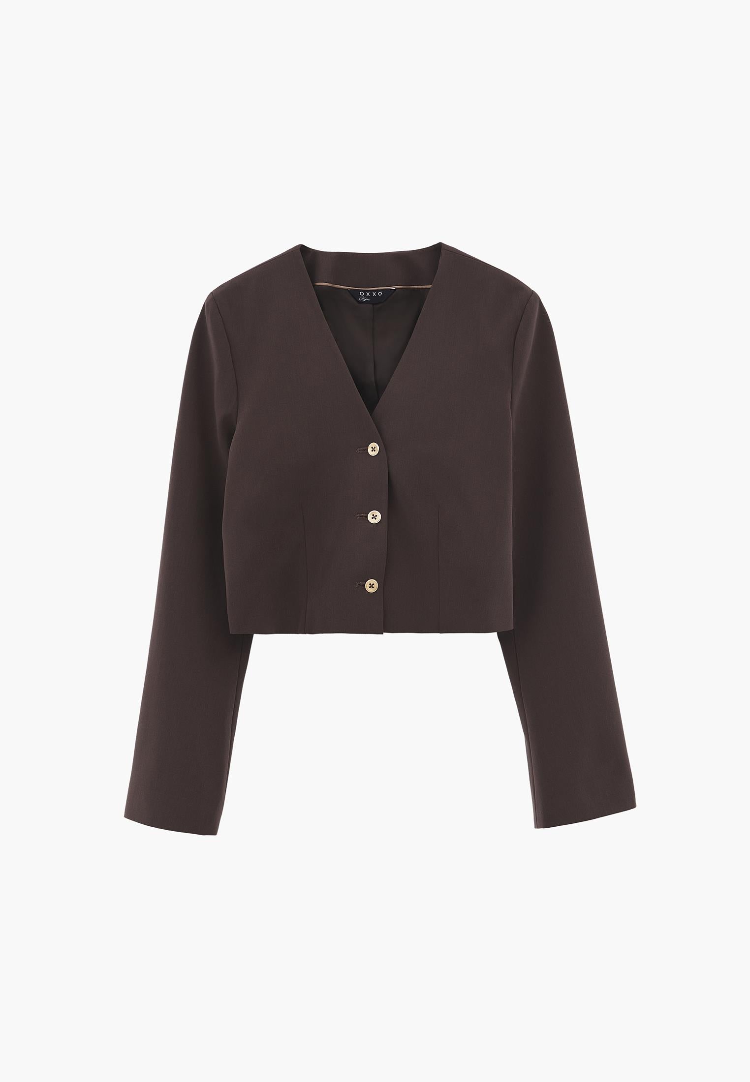 Short Blazer With Button Details - CHOCOLATE BROWN