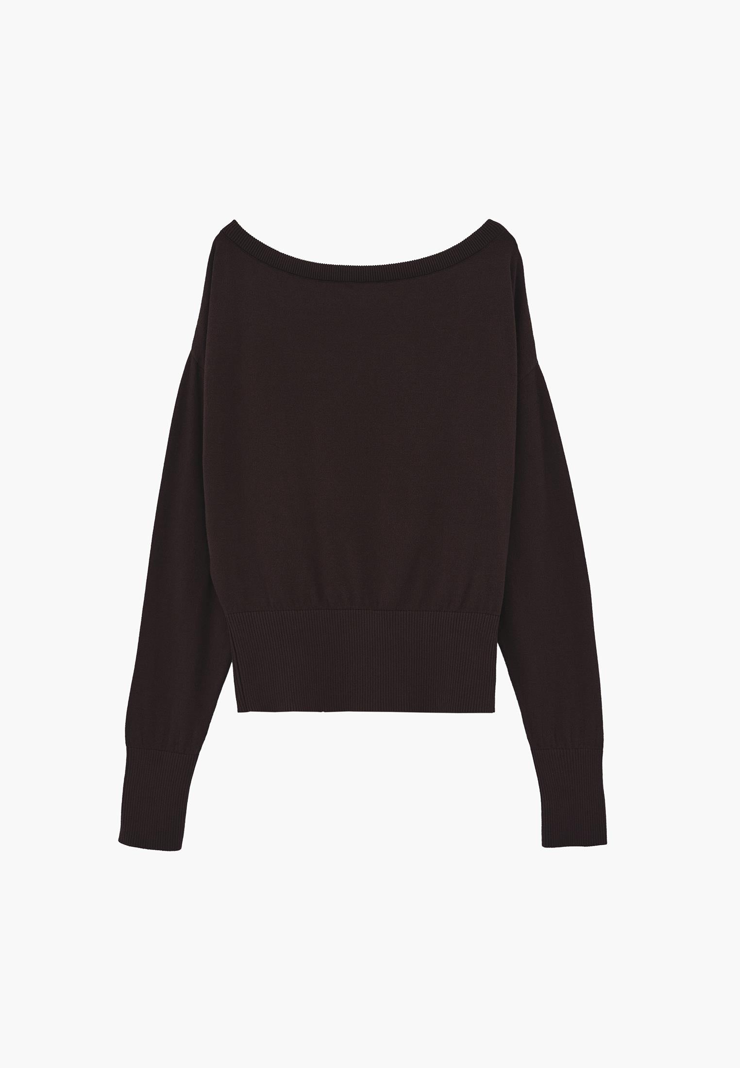 Boat Neck Long Sleeve Sweater - CHOCOLATE BROWN
