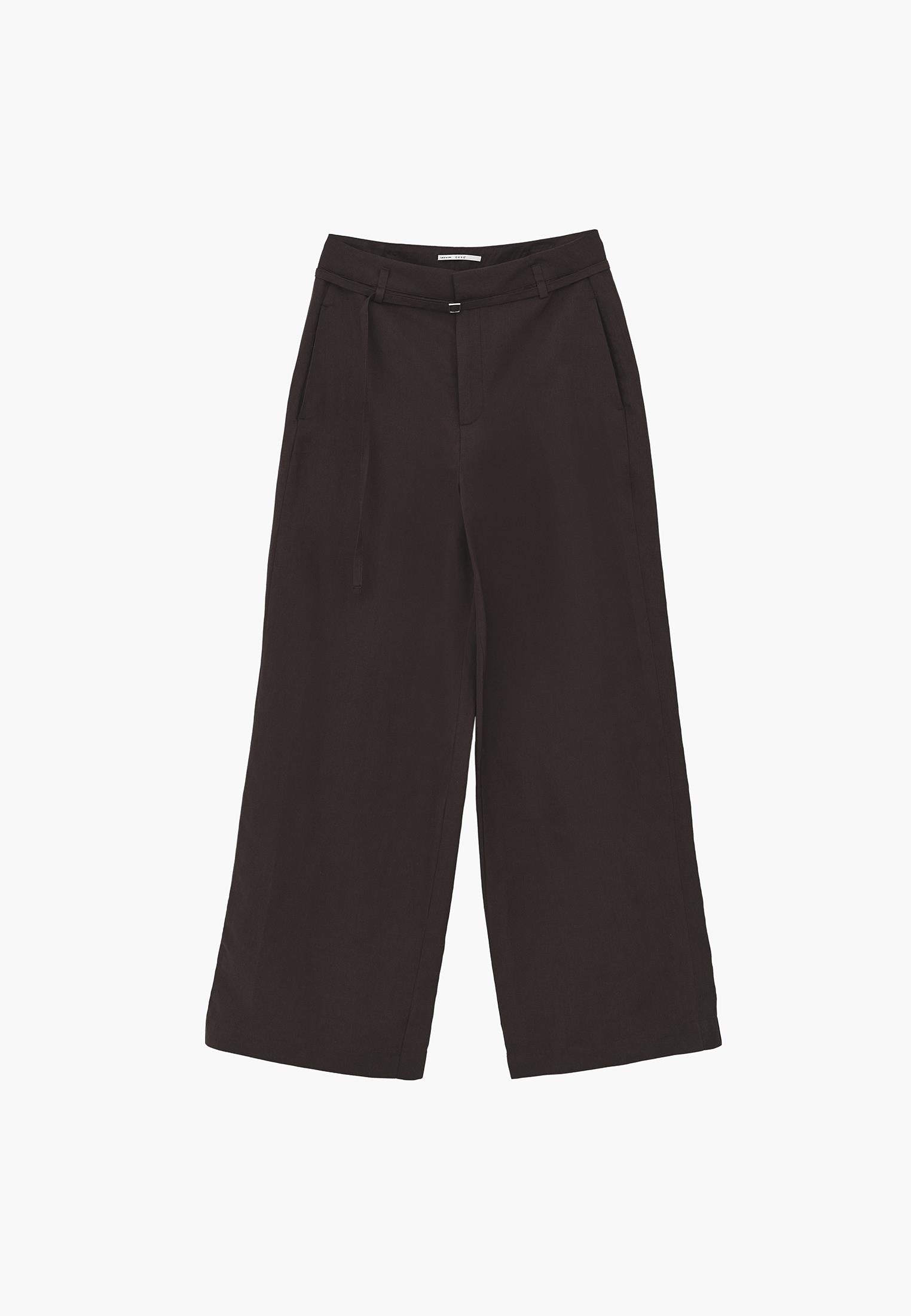High Waist Belted Straight Leg Trousers - CHOCOLATE BROWN