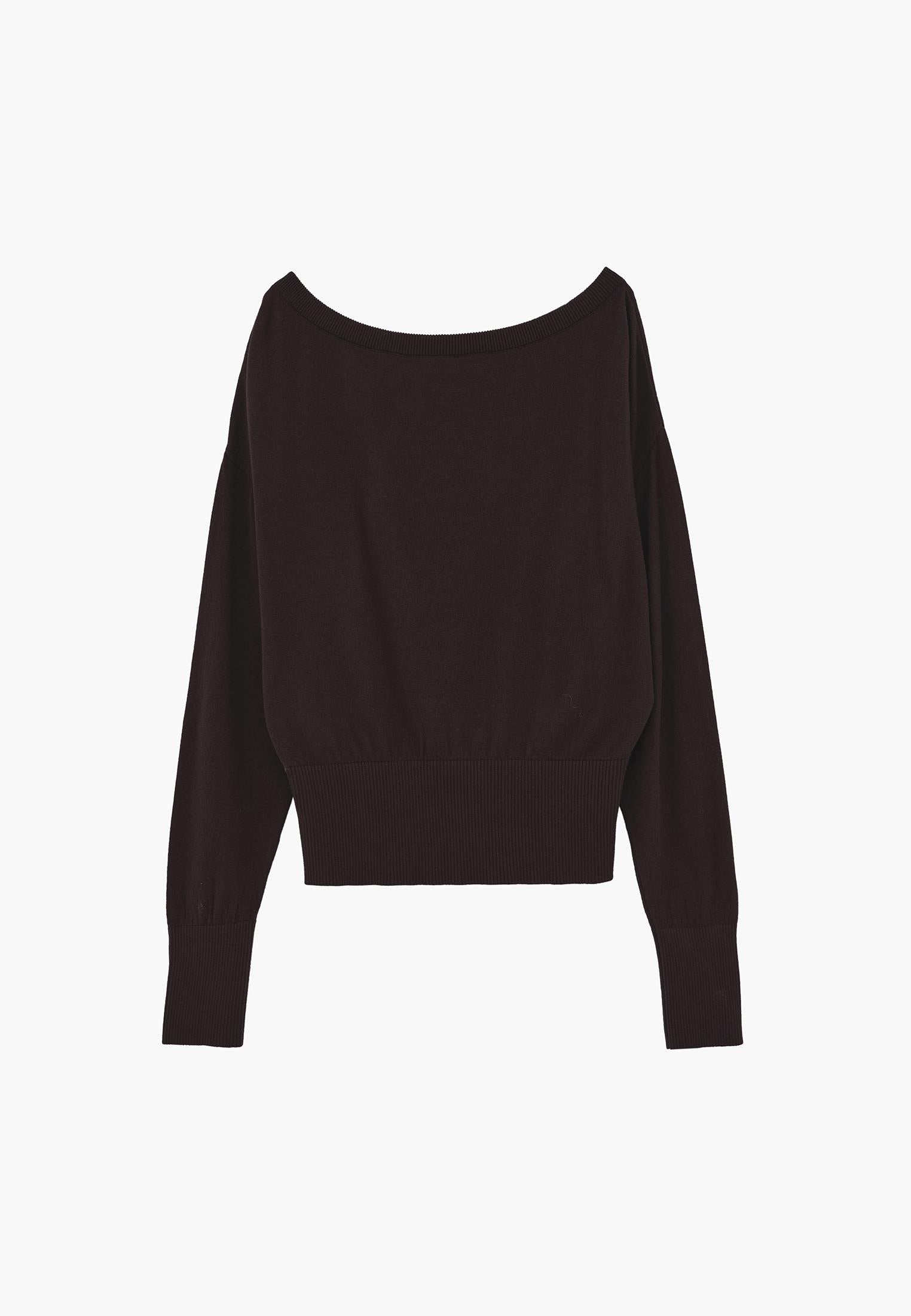 Boat Neck Long Sleeve Sweater - CHOCOLATE BROWN