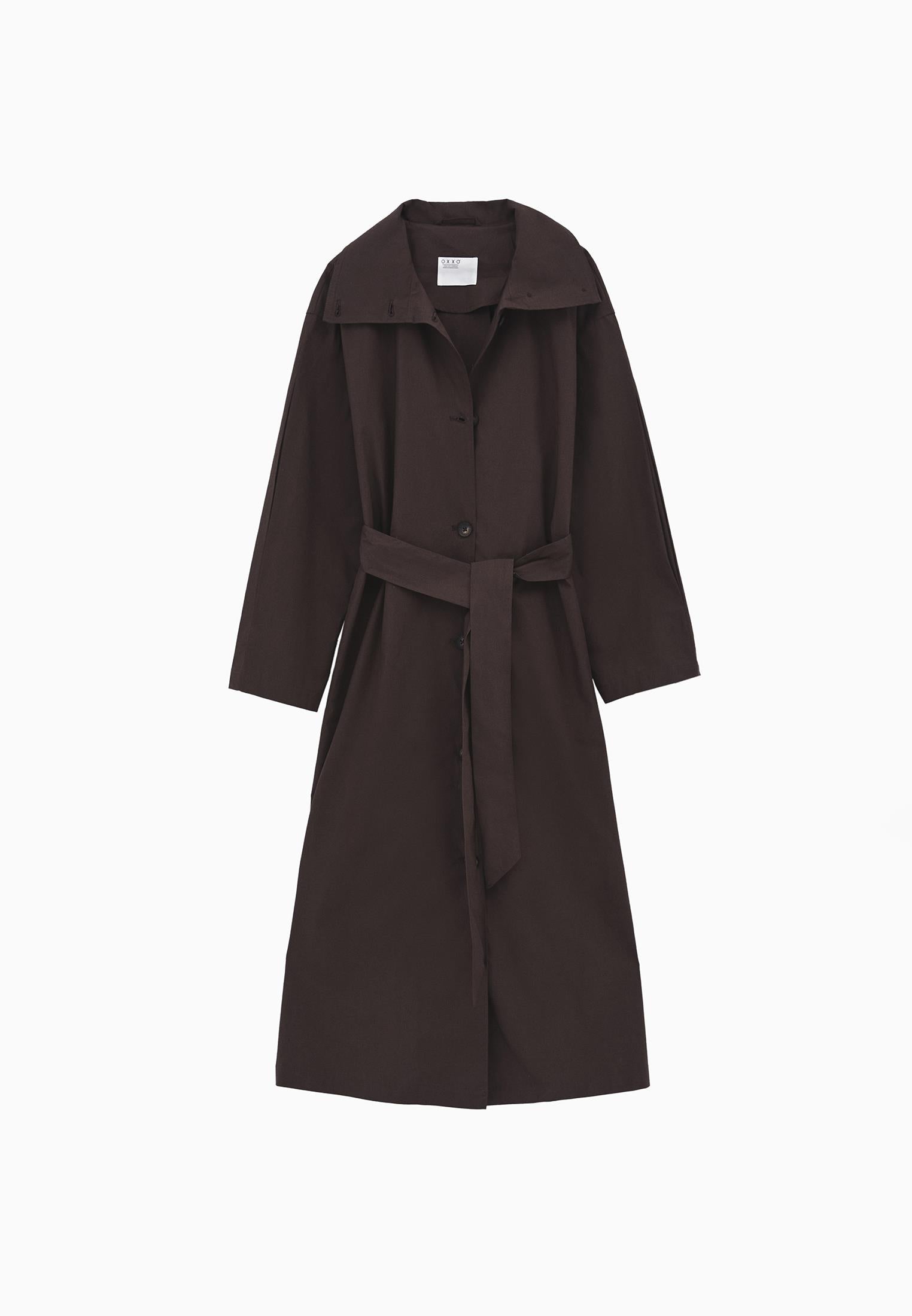 Belted Long Oversize Trench Coat - CHOCOLATE BROWN