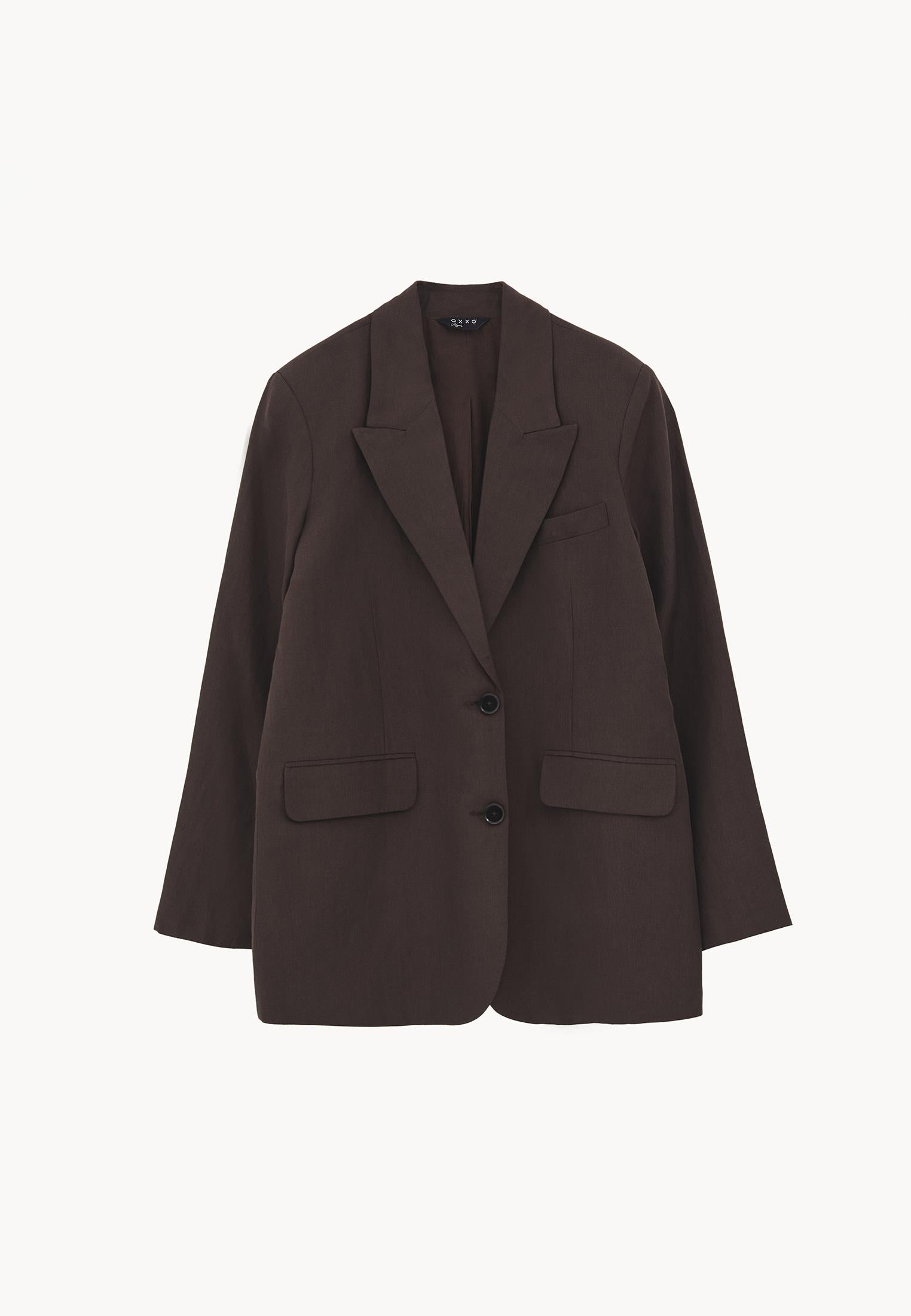 Boyfriend Fit Tunic Blazer Jacket - CHOCOLATE BROWN