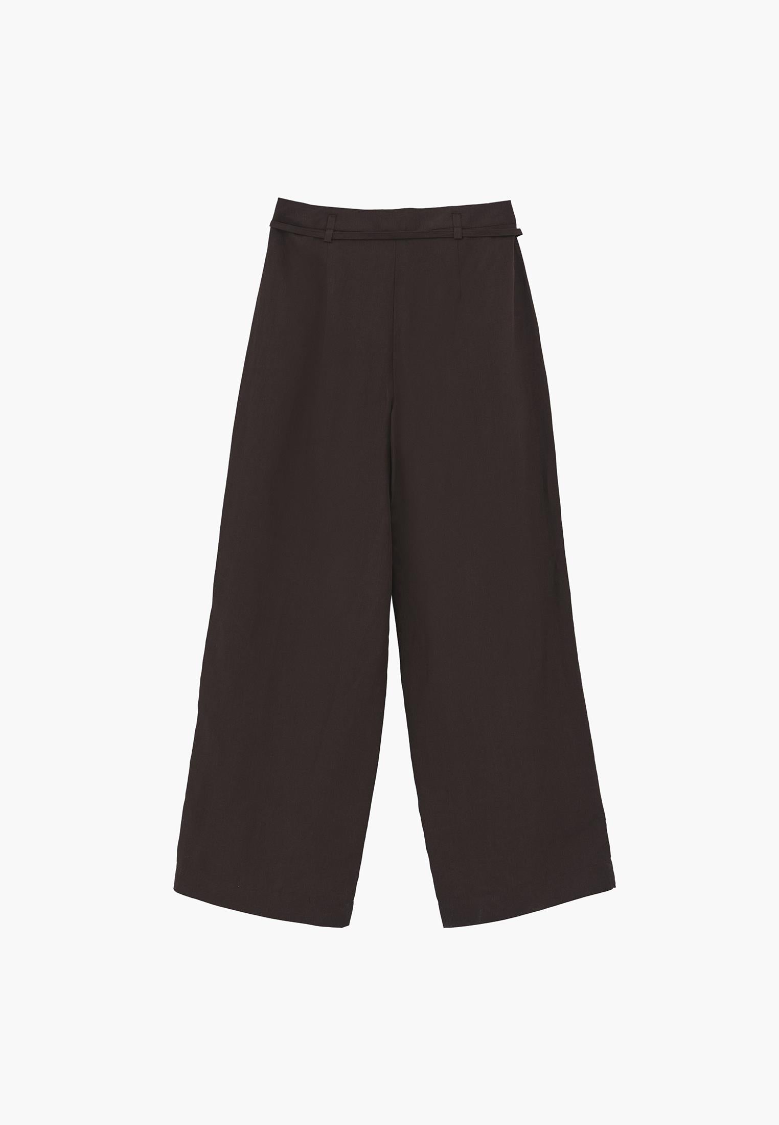 High Waist Belted Straight Leg Trousers - CHOCOLATE BROWN