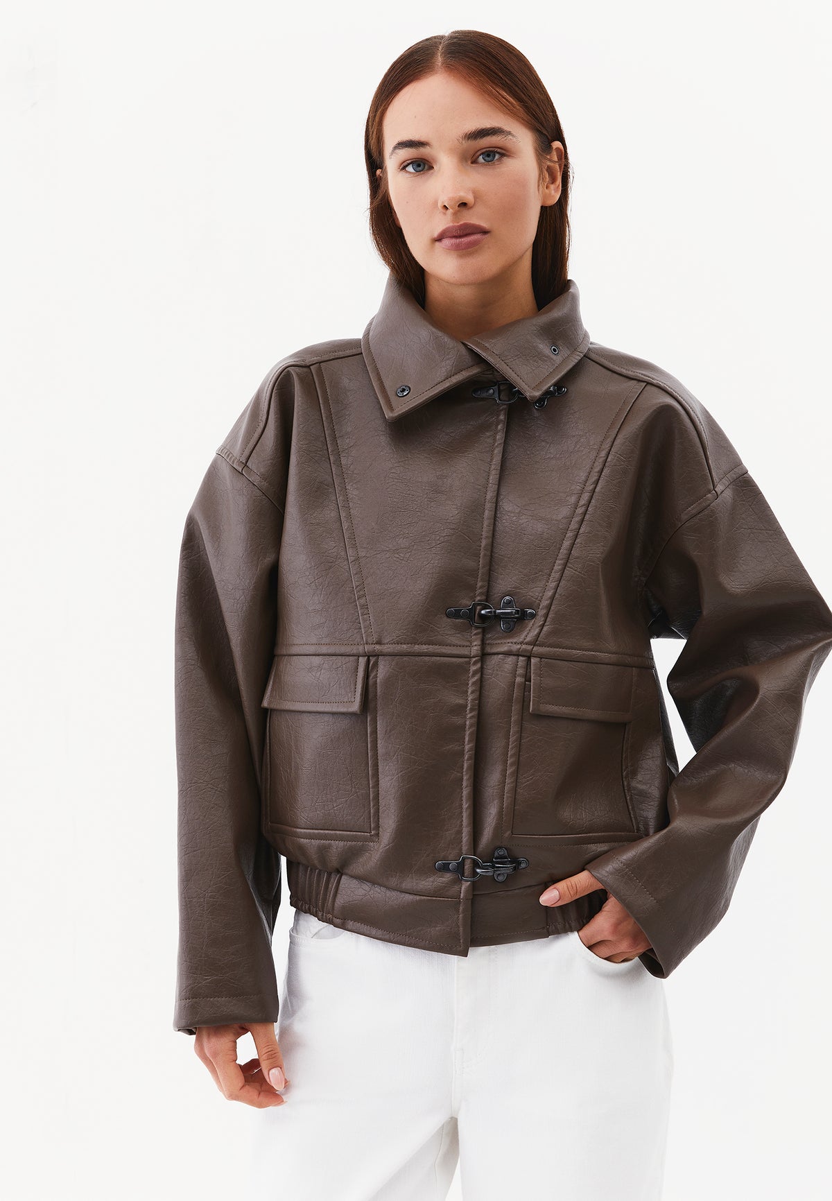 High Collar Pocket Detail Jacket - CHOCOLATE CHIP