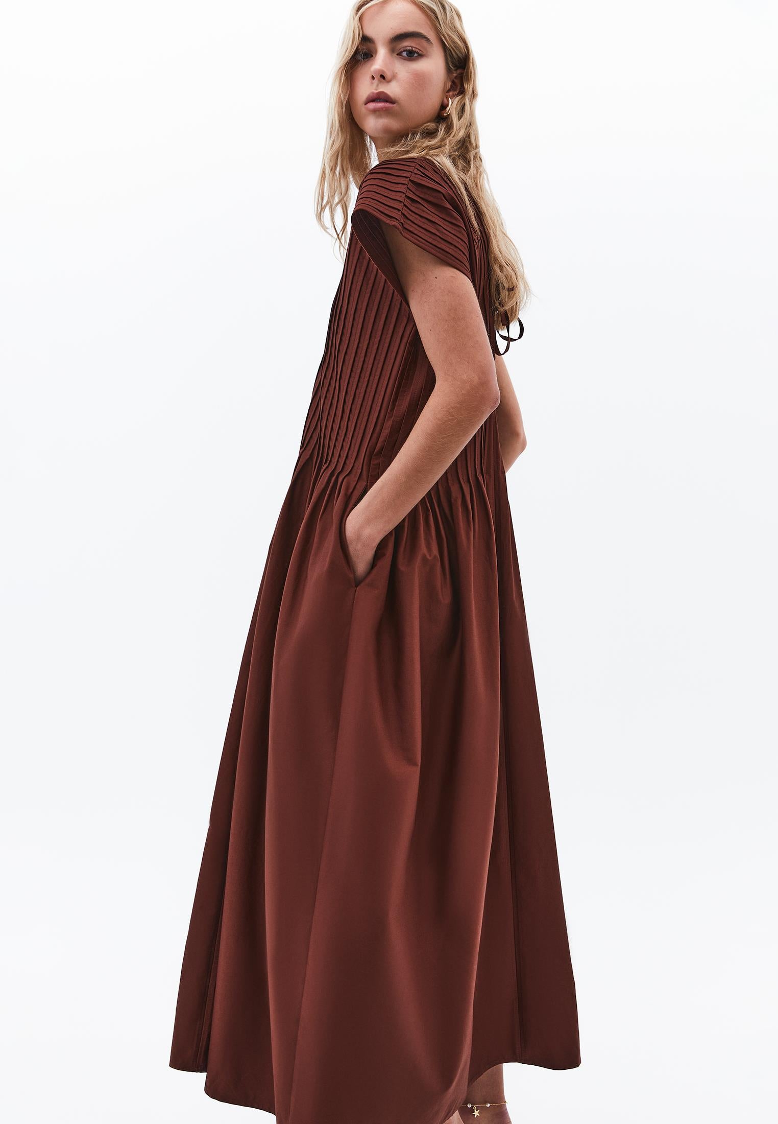 Flared V-Neck Long Dress - CHOCOLATE FONDANT