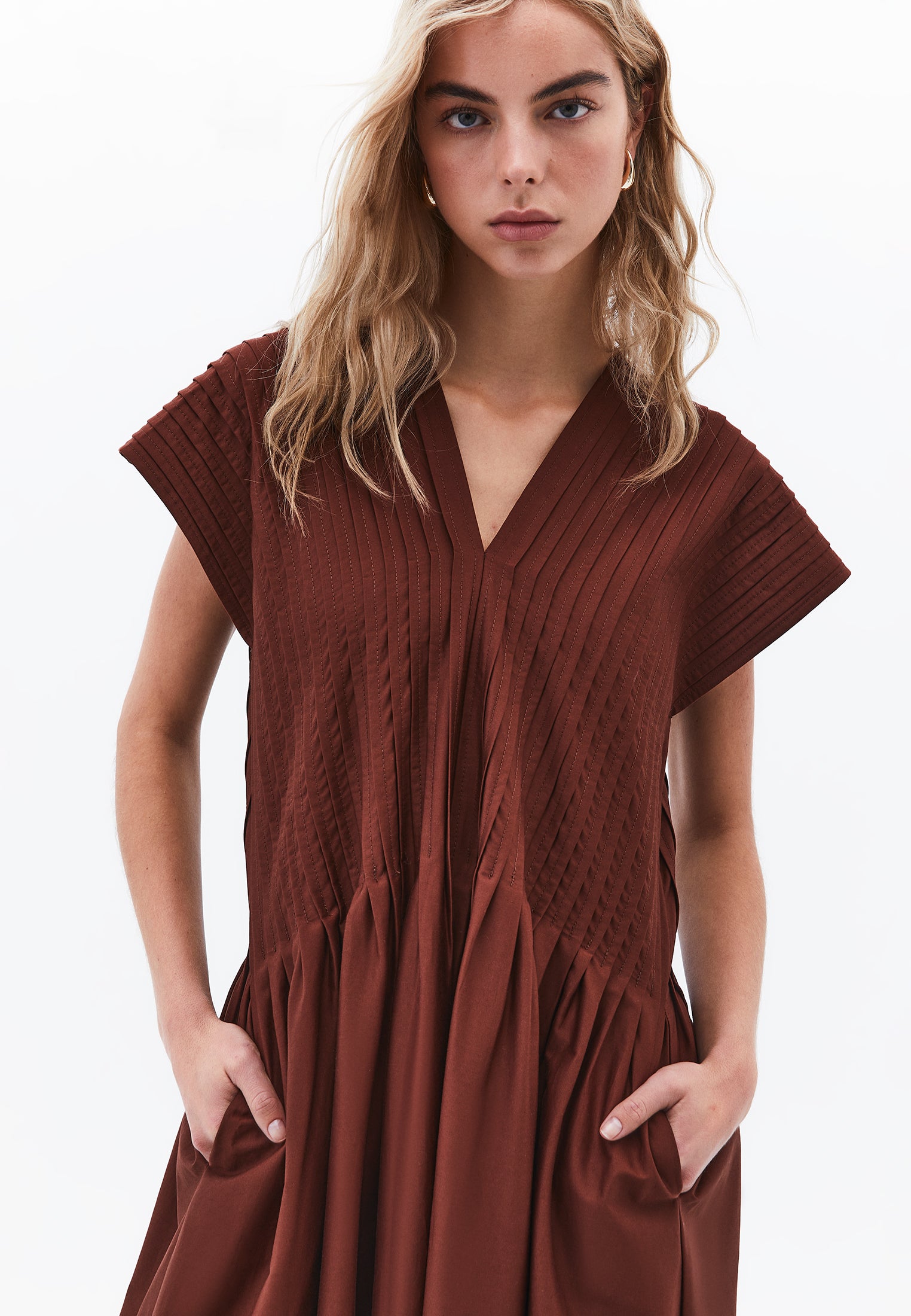 Flared V-Neck Long Dress - CHOCOLATE FONDANT